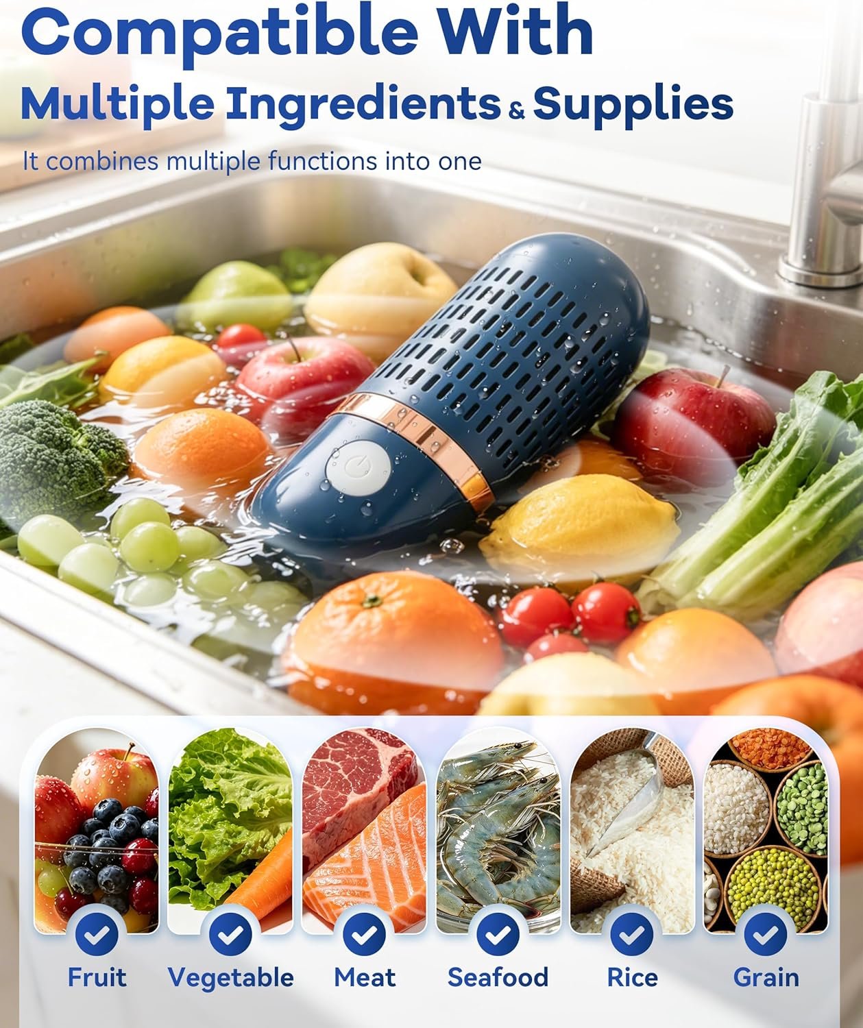 Produce Cleaner & Vegetable Cleaner with Oh-Ion Technology, Wireless Rechargeable Food Washer for Fruits, Veggies, Rice & Utensils, Ipx7 Waterproof 10-Min Automatic Cleaning for Kitchen (Blue) - Image 6