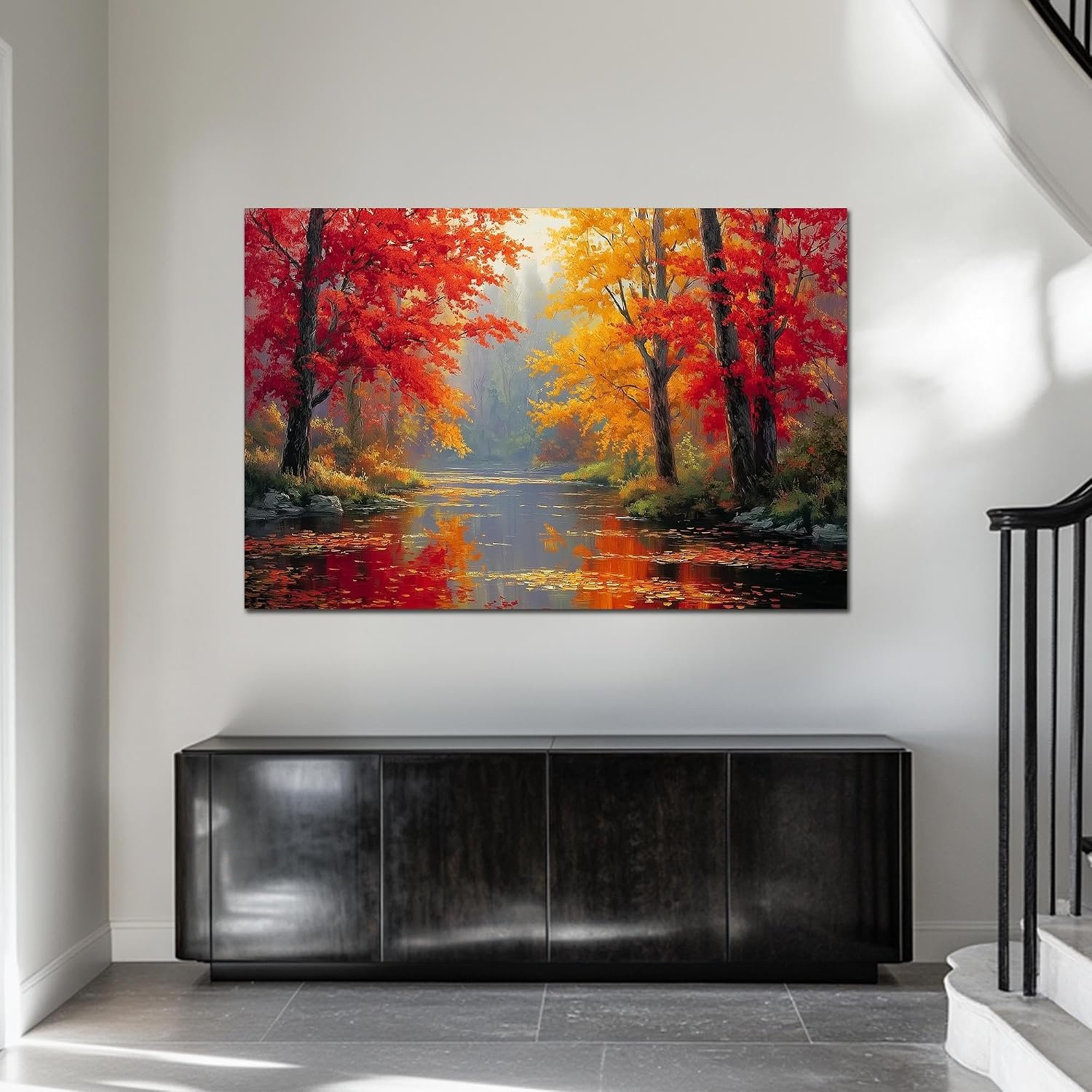 Hzddty Fall Canvas Wall Art, Autumn Forest River Painting Pictures Rustic Farmhouse Artwork for Home Decor Living Room Bedroom (32"x48") - Image 3