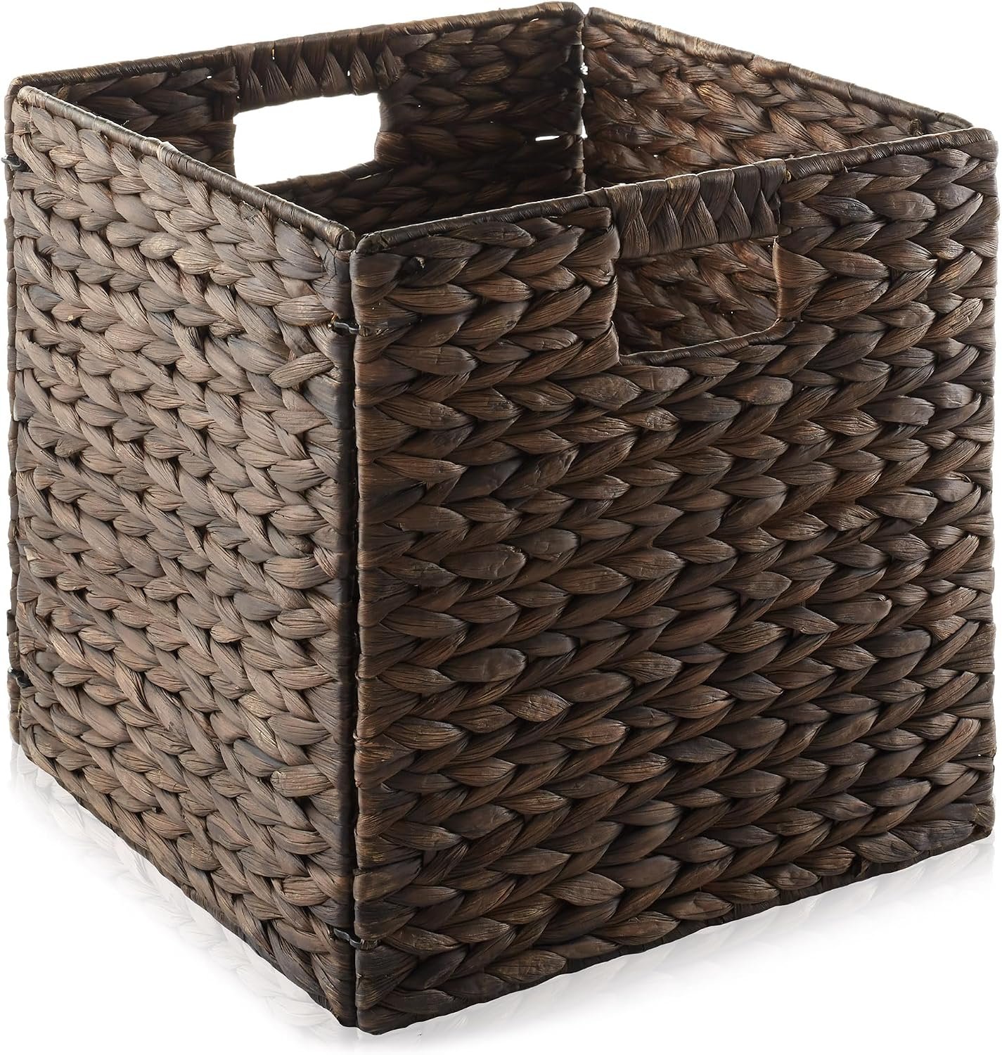 Casafield 12" x 12" Water Hyacinth Storage Baskets, Espresso - Set of 2 Collapsible Cube Organizers, Woven Bins for Bathroom, Bedroom, Laundry, Pantry, Shelves - Image 9