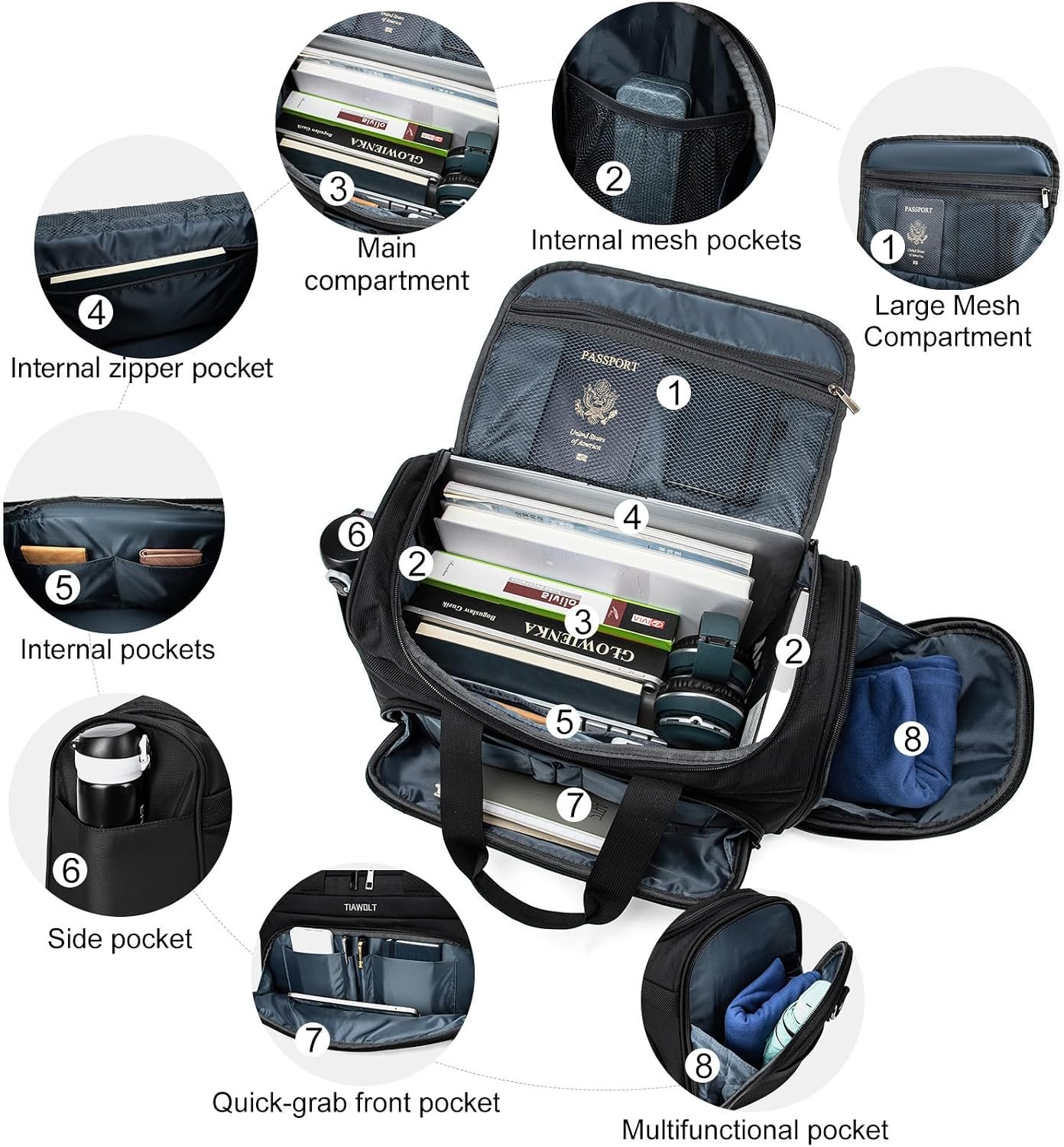 Foldable Carry-On Luggage Bag Lightweight & Durable Overnight Weekender Duffle Carry On Bag with Luggage Sleeve Hospital Bag or Airplane Travel Bag for Women and Men,Black - Image 5