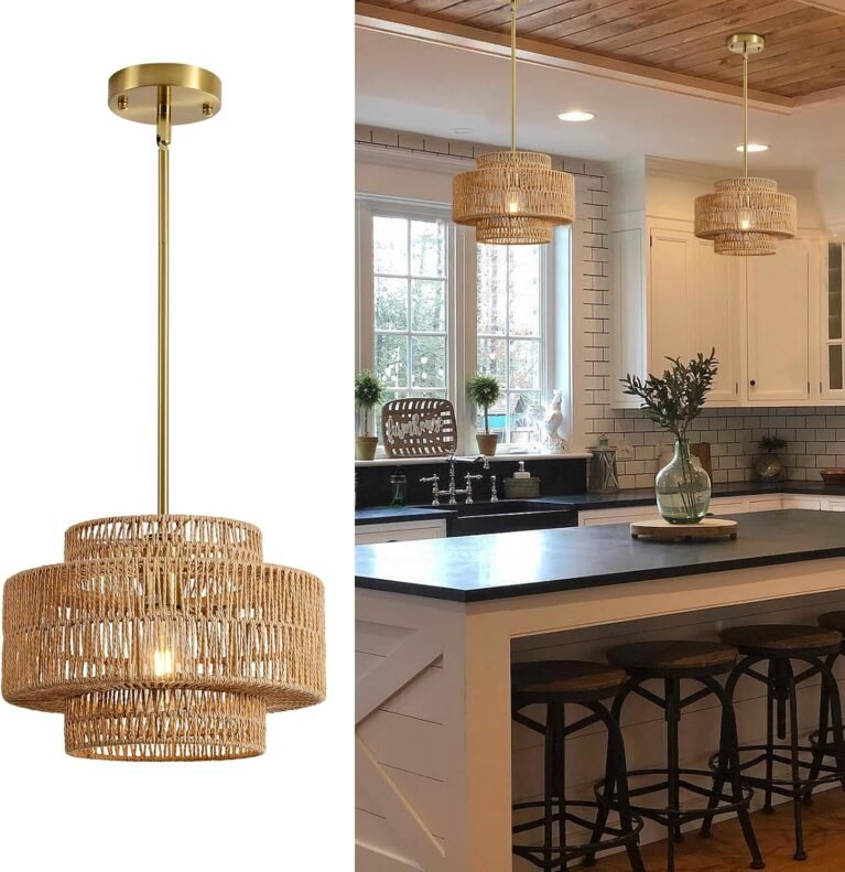 12.4" Rattan Pendant Light for Kitchen Island, Boho Chandelier