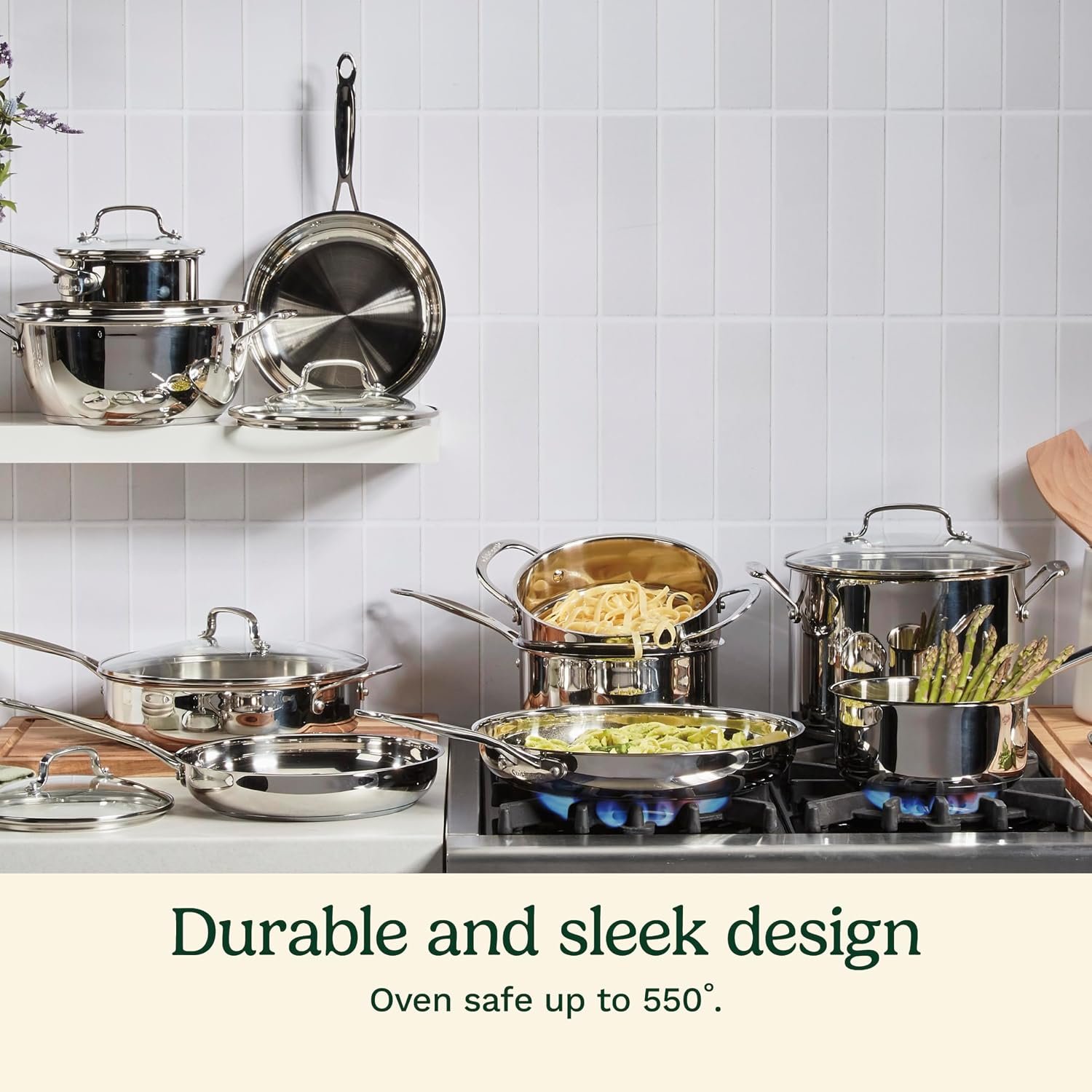 Cuisinart 17-Piece Stainless Steel Cookware Set, Chef's Classic Steel Collection with Pure Aluminum Core for Quick and Even Heat, Cool Grip Handles, Dishwasher Safe, 77-17N - Image 2