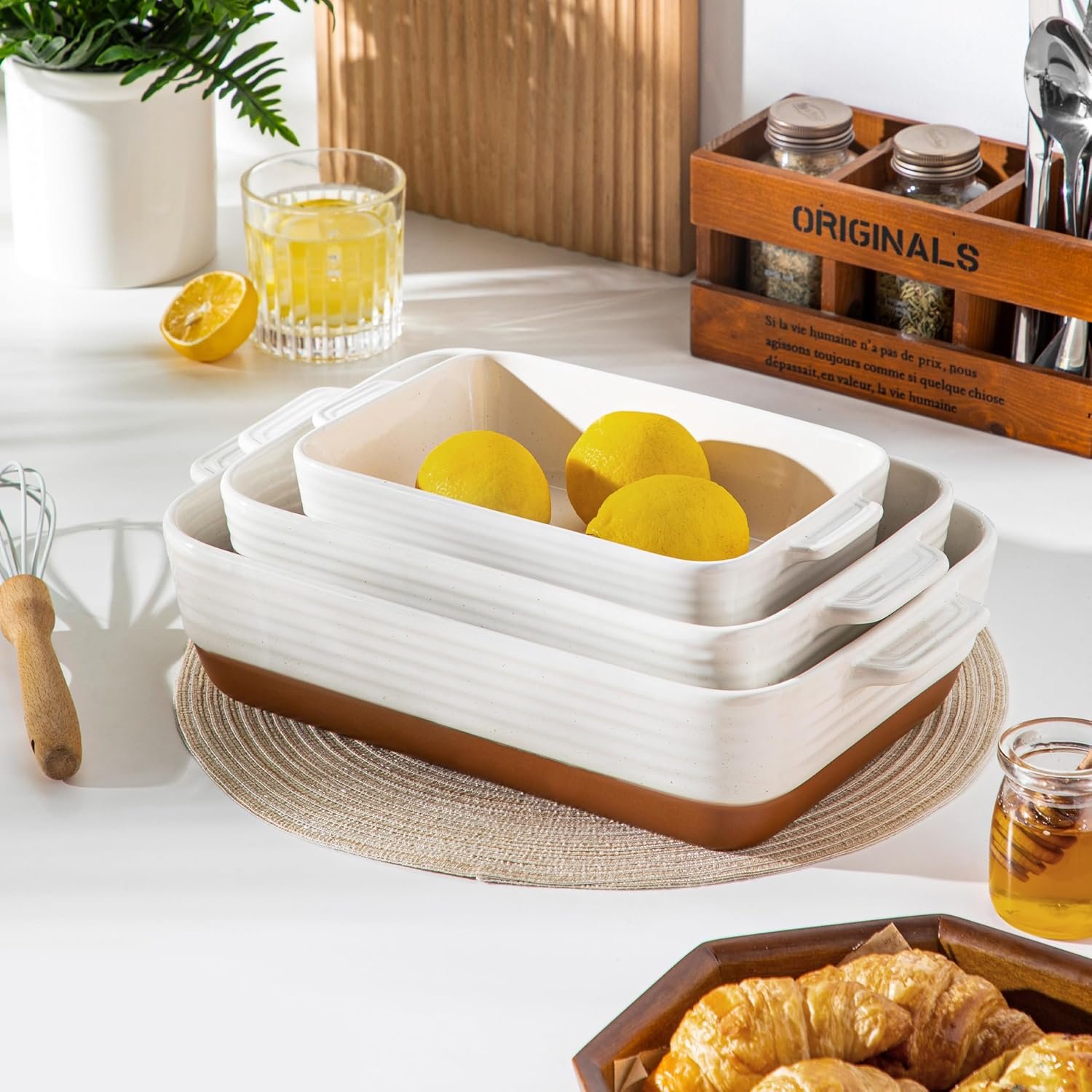 MALACASA Casserole Dishes for Oven, Ceramic Baking Dishes Set of 3, Baking Pan Casserole Dish Set, Rectangular Lasagna Pan Deep with Handles for Baking, Khaki White (14.5''/13''/10.5''), Series TARA - Image 9