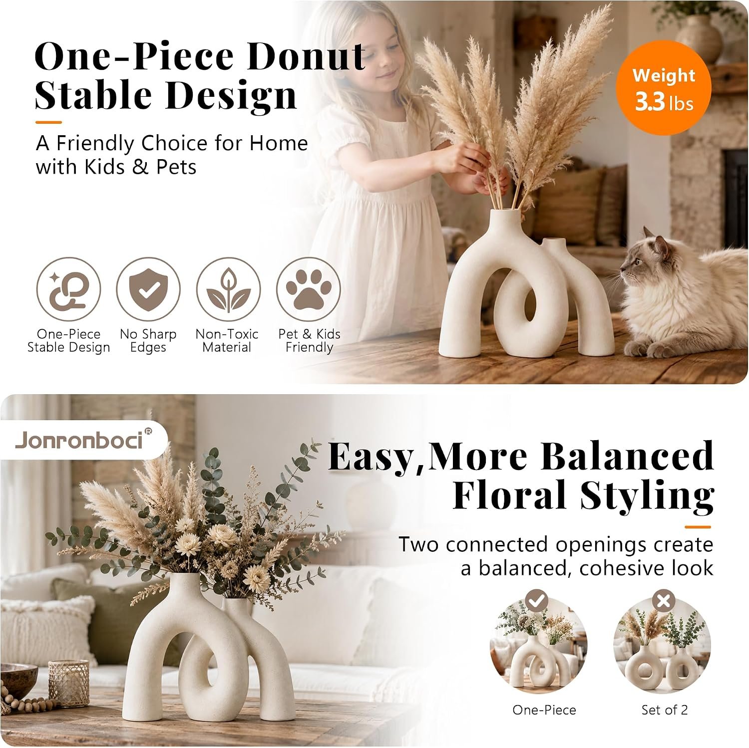 Hug Donut Decorative Ceramic Vase Set for Flower or Home Decor(Cream White) - Image 5