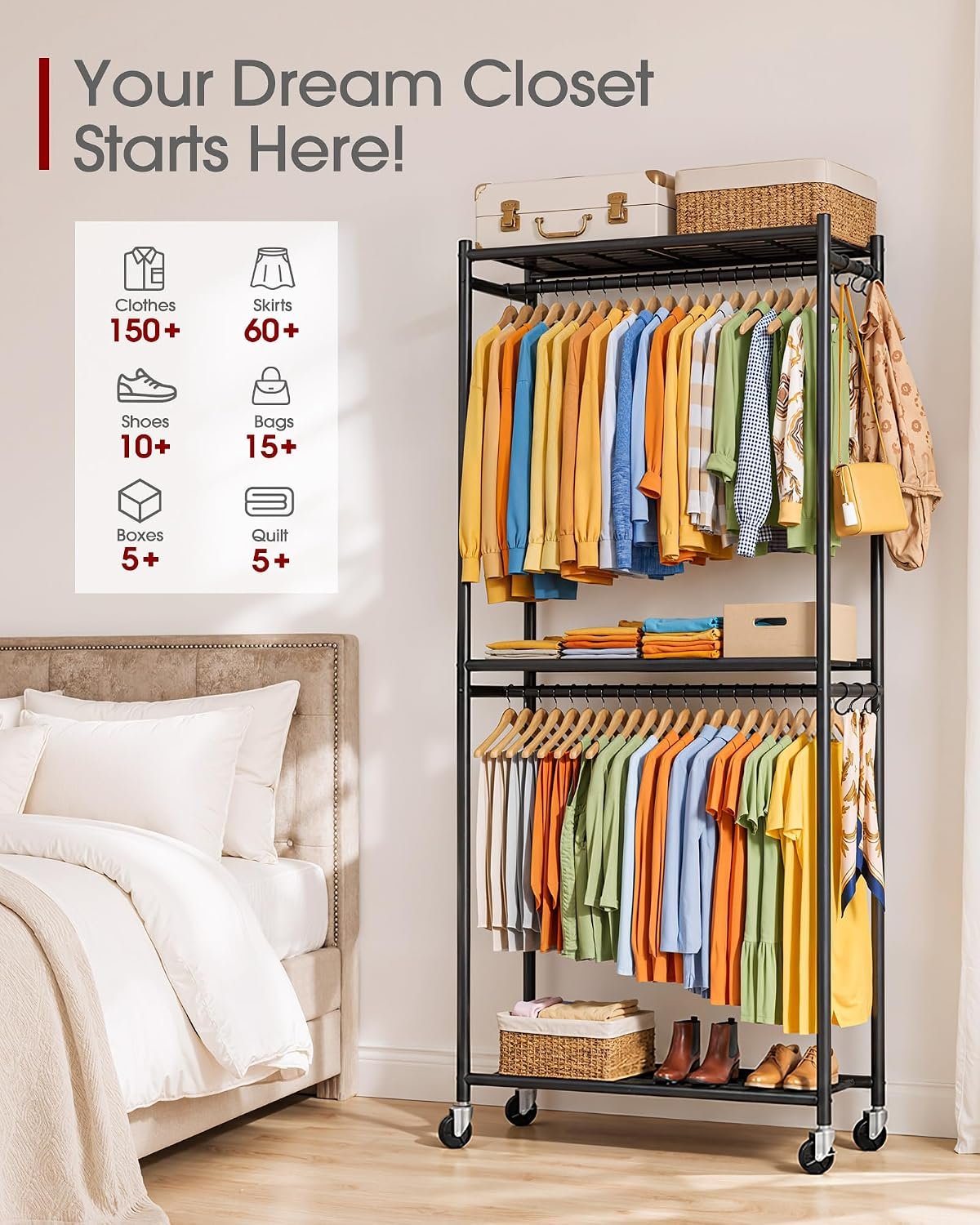 Sakugi Clothes Rack - 33.0" x 12.2" x 79.5" Clothing Rack with Shelves & Wheels, Multi-Functional Wardrobe Closet with Hooks, Sturdy Metal Garment Rack for Bedroom, Laundry, Balcony (Black) - Image 3