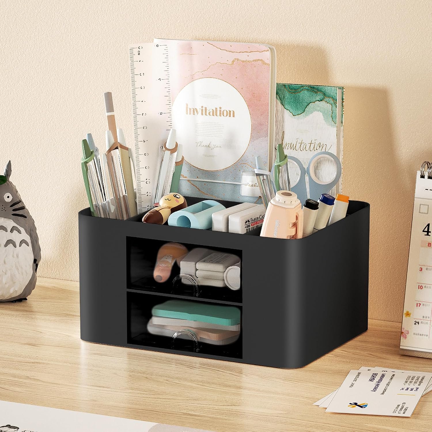 Marbrasse Pen Organizer with 2 Drawer, Multi-Functional Pencil Holder for Desk, Desk Organizers and Accessories with 5 Compartments + Drawer for Office Art Supplies (Black) - Image 3