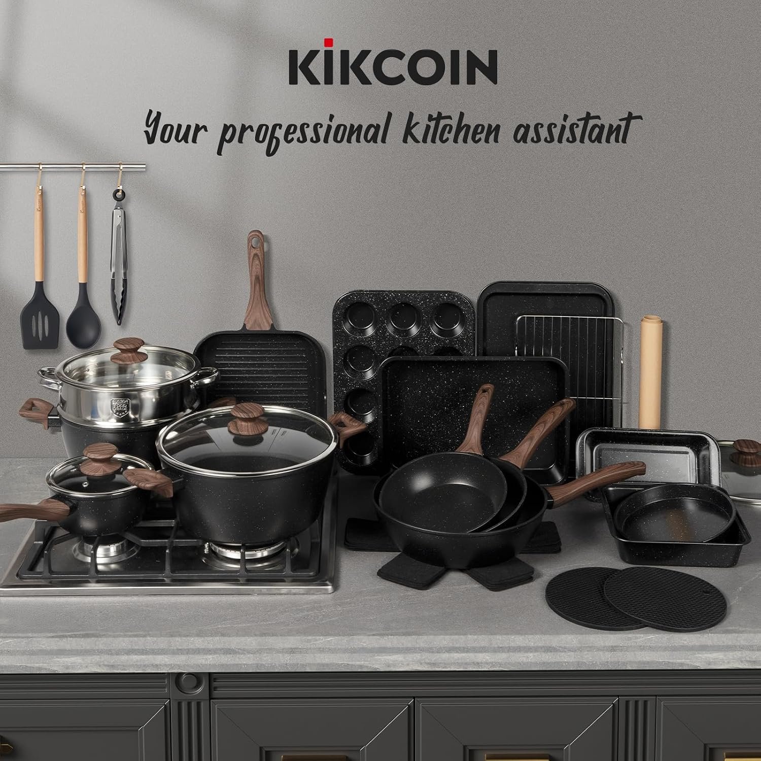Kikcoin Pots and Pans Set Non Stick 31 Piece Kitchen Nonstick Cooking Cookware Sets with Grill Pan Saucepan Baking Sheet Utensil, Black - Image 7