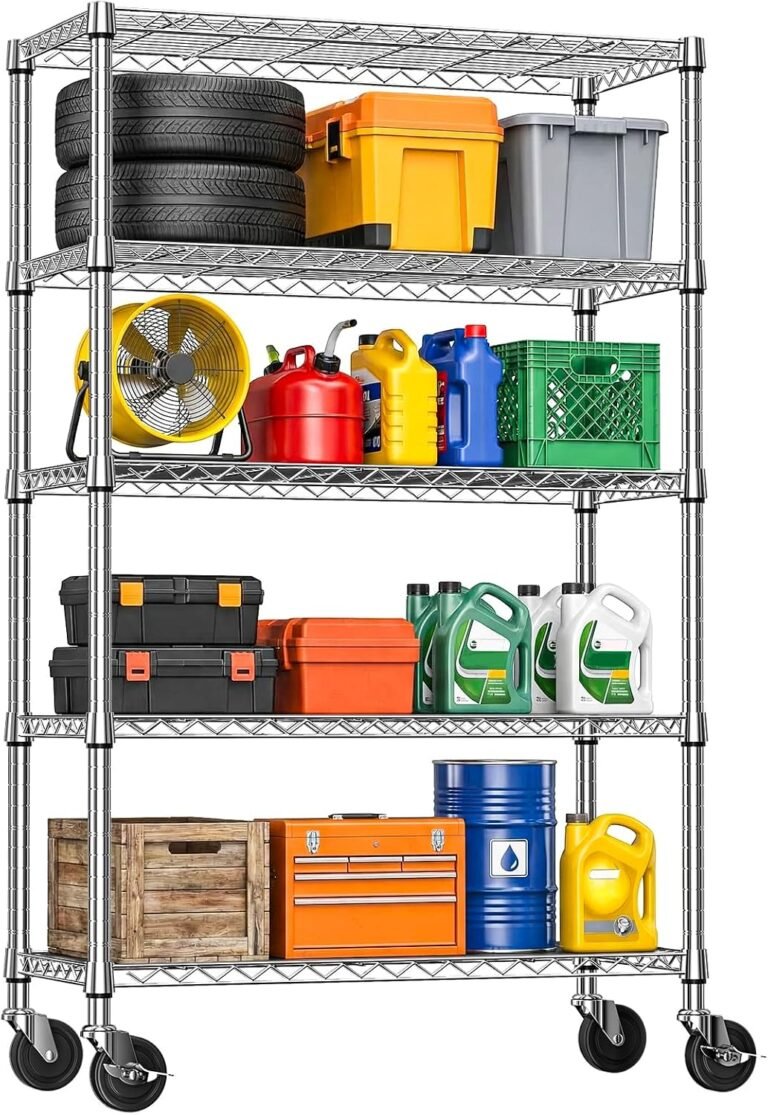 IZEUK 5-Tier Storage Shelving Unit with Wheels, Adjustable Heavy Duty Steel Wire Rack Organizer (Chrome, 17.7" D x 47.2" W x 76.7" H, 1750 lbs Capacity) for Garage, Kitchen, Pantry, Laundry, Basement