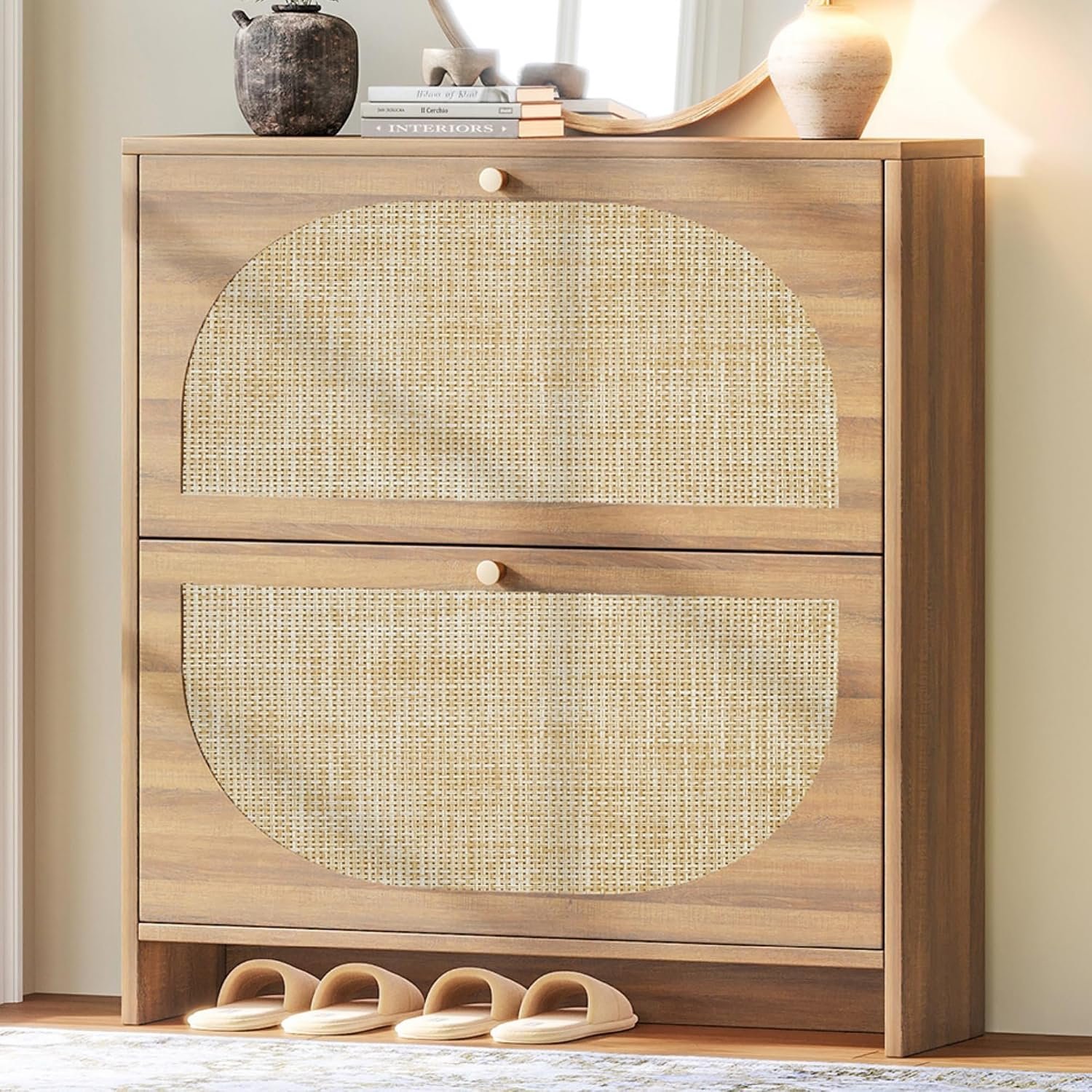 Nicetree Rattan Arched Accent Shoe Storage Cabinet - Freestanding Ultra Slim for Entryway, 2 Flip Drawers & 3-Tier Adjustable Shelves, Farmhouse Modern Rustic Shoe Rack for Hallway, Foyer, Living Room