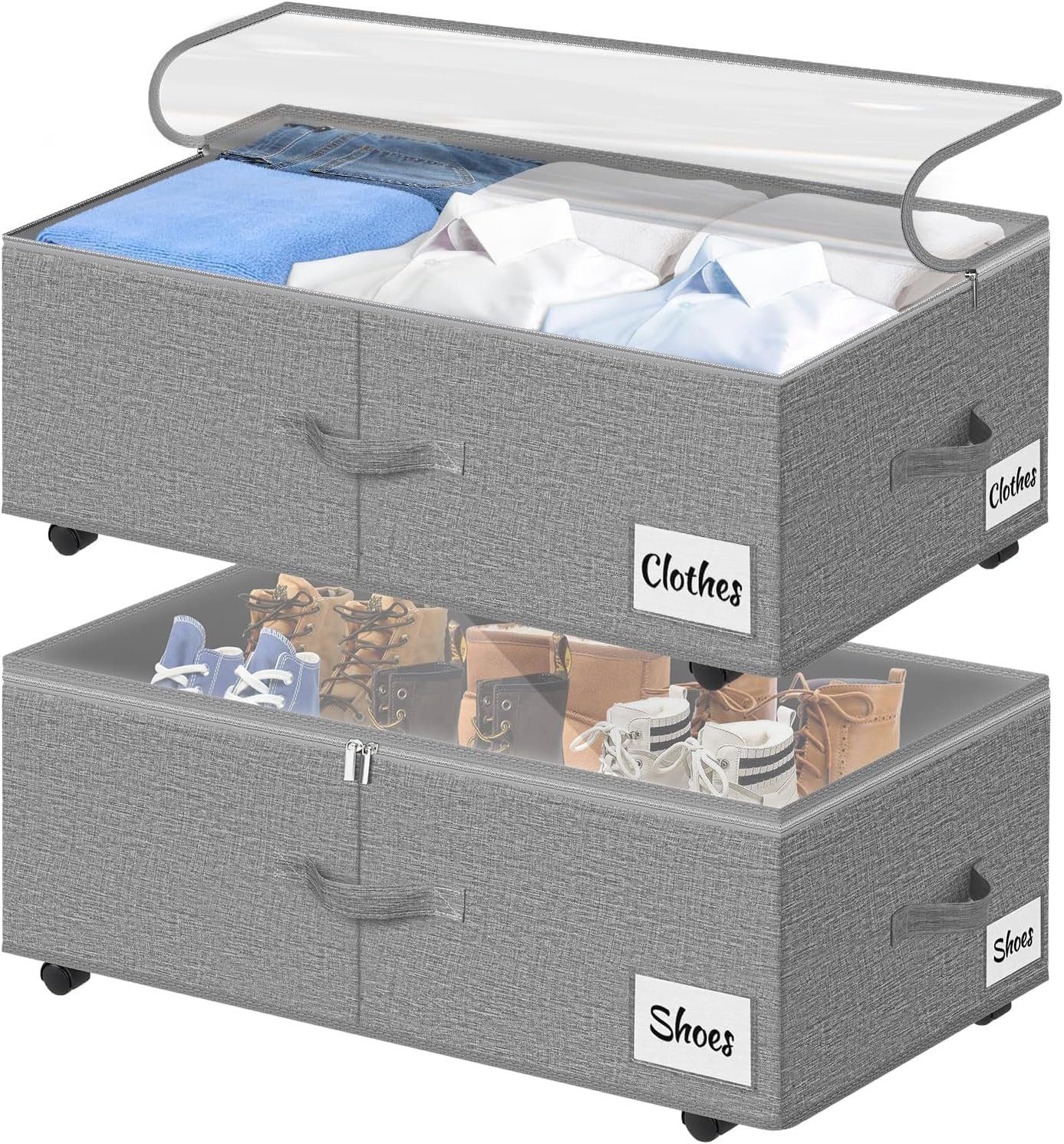 Under Bed Storage with Wheels, 2-Pack 10" Height XXL 75L Rolling Storage Bins, Quick Assembly Underbed Shoe Storage Containers with Clear Lid & Label, Dorm Under Bed Drawers for Clothes, Shoes, Grey