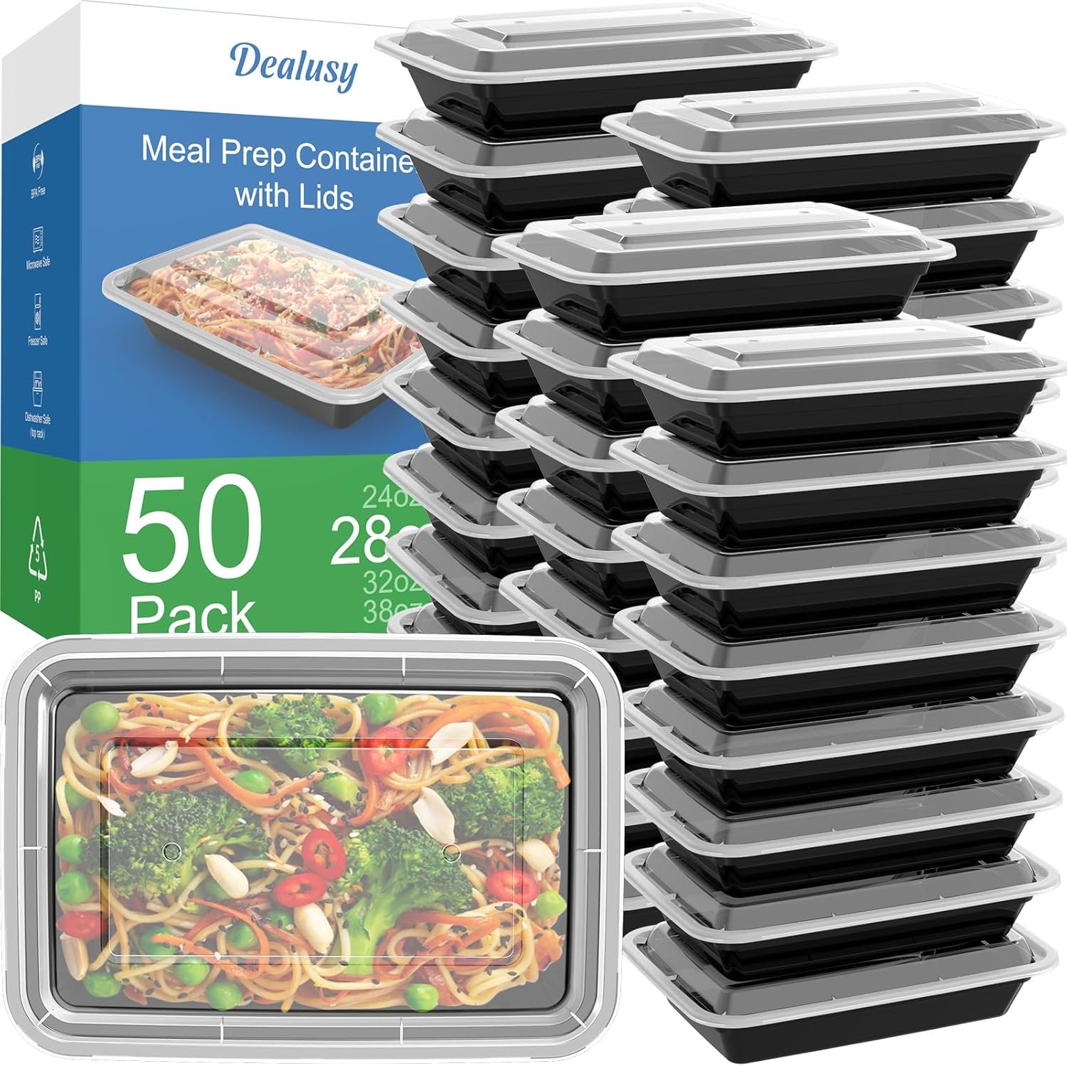 Dealusy 50 Pack (100-Piece) 28 oz Meal Prep Containers Reusable with Lids