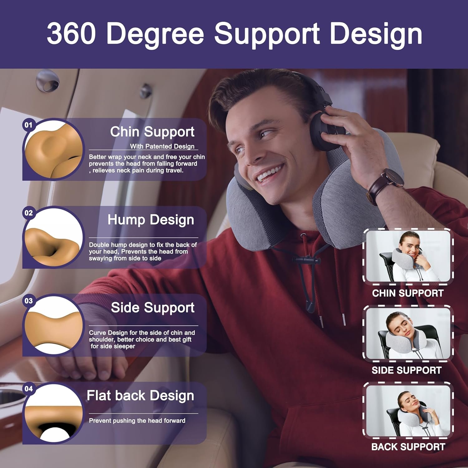 napfun Neck Pillow for Traveling, Upgraded Travel Neck Pillow for Airplane 100% Pure Memory Foam Travel Pillow for Flight Headrest Sleep, Portable Plane Accessories, Light Grey - Image 2