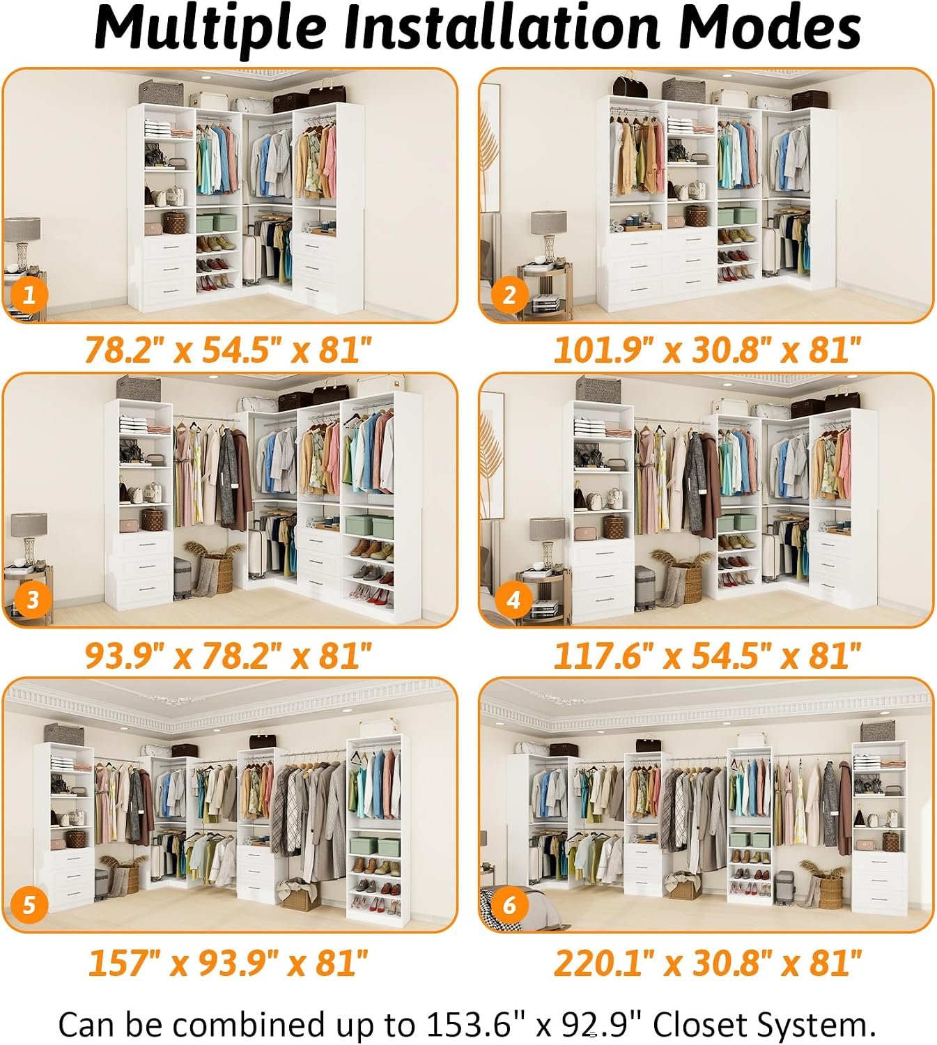 Vomavex Closet System with 4 sets, 101.9" Closet Organizer Systems with 6 Drawers & 8 Hanging Rods & Adjustable Shelves, Walk in Closet Standing Closet System, Corner Closet System Set, White - Image 6