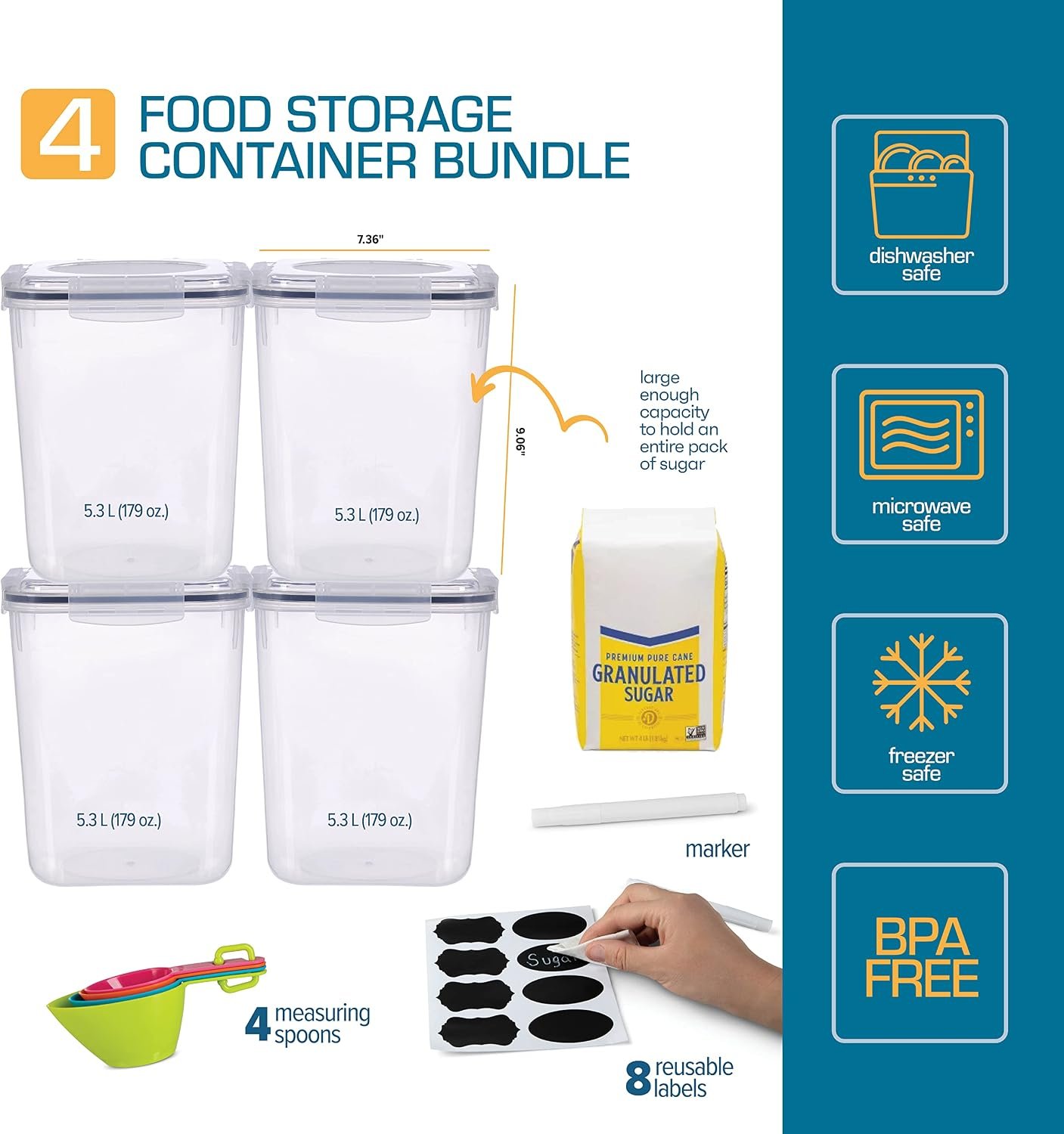 Storeganize Flour Sugar Storage Containers (5.3L/4pk) Great Rice Canisters Sets For The Kitchen pantry, Large Food Storage Containers With Lids Airtight - Image 2