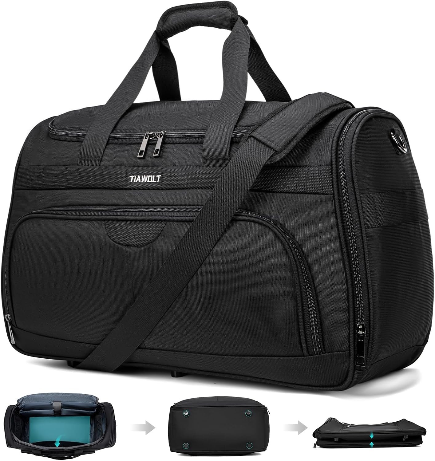 Foldable Carry-On Luggage Bag Lightweight & Durable Overnight Weekender Duffle Carry On Bag with Luggage Sleeve Hospital Bag or Airplane Travel Bag for Women and Men,Black