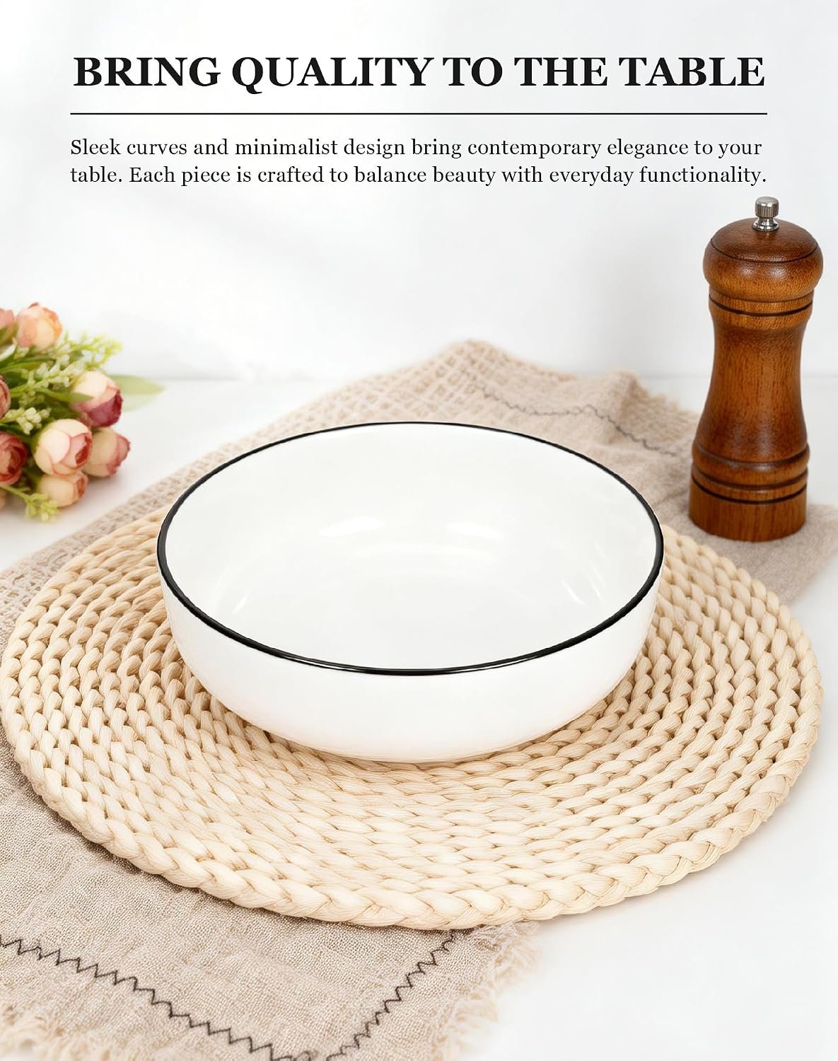 OTAGO 8" Stoneware Salad and Pasta Bowls Set of 6, Porcelain Ceramic Bowls with Black Rim, Microwave & Dishwasher Safe Tableware for Kitchen, Dinner & Dining - Image 2
