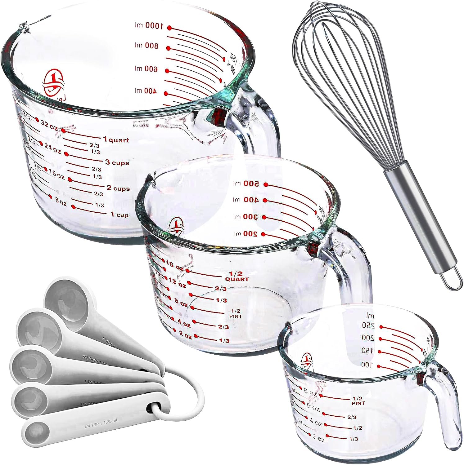 Le'raze Set of 3 Glass Measuring Cups with Measuring Spoons & Whisk - Kitchen Mixing Bowl Liquid Measure Cup, Glass Bakeware. 1 cup, 2 cup, 4 cup., Multi Size, Clear