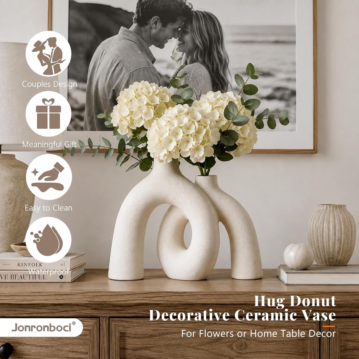 Hug Donut Decorative Ceramic Vase Set for Flower or Home Decor(Cream White) - Image 4