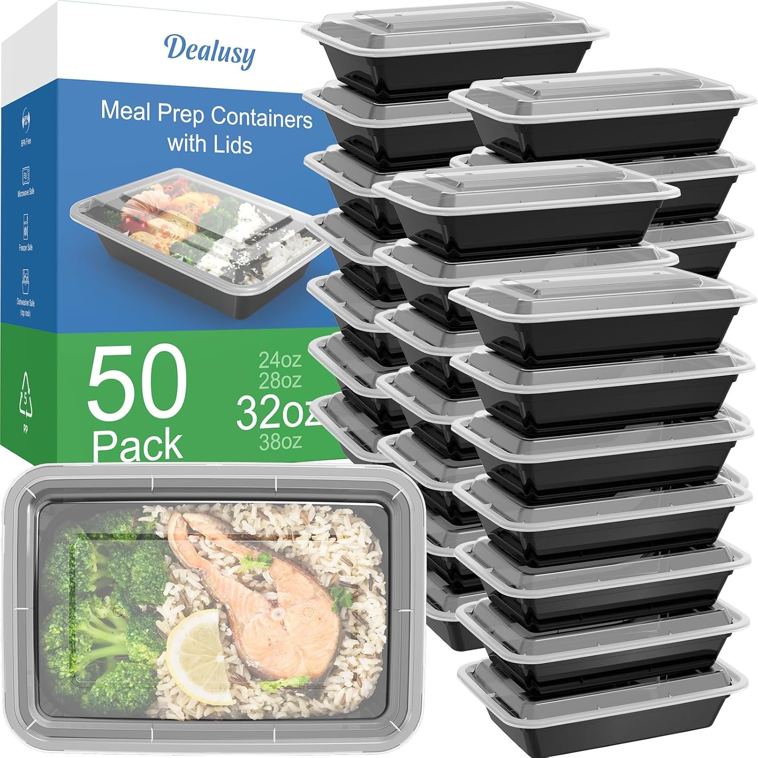 Dealusy 50 Pack (100-Piece) 32 oz Meal Prep Containers Reusable with Lids