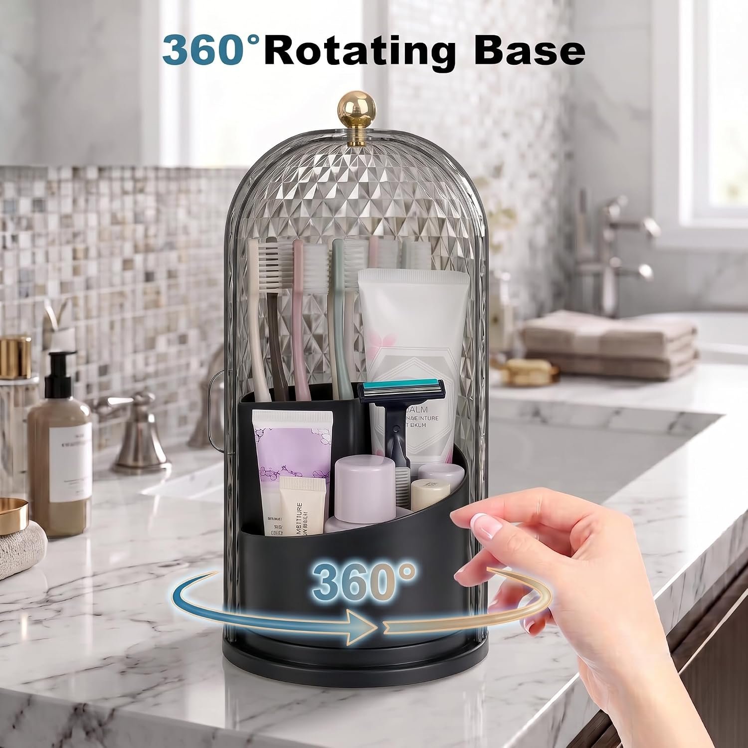 QIYVLOS Toothbrush Holders with Sliding Lid, Rotating 3 Slots Bathroom Organizer Countertop, Tooth Brush Toothpaste Holder Bathroom Counter Stand Caddy for Vanity Makeup Brushes Holder (Black) - Image 3