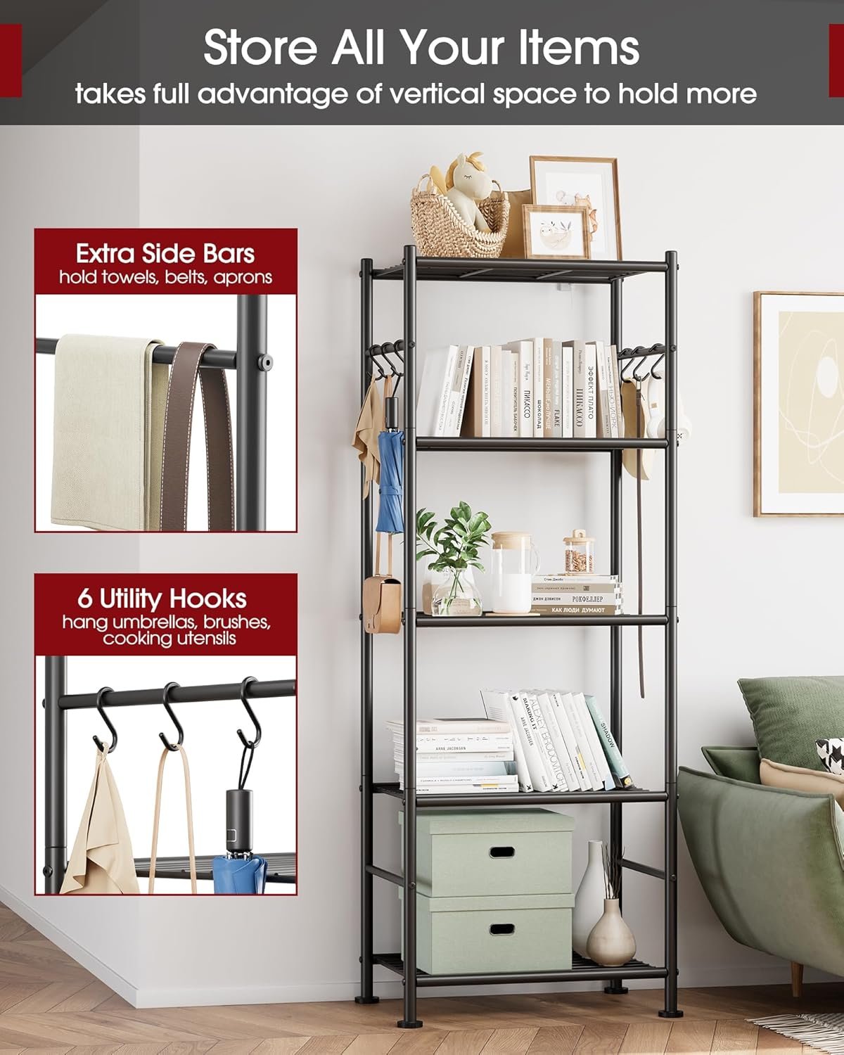 Sakugi 5-Tier Storage Rack Organizer with Hooks, Heavy Duty Metal Garage Rack with Leveling Feet, Freestanding Utility Rack for Bedroom, Balcony and Garage, 18.1"×12.4"×56.8", Black - Image 5