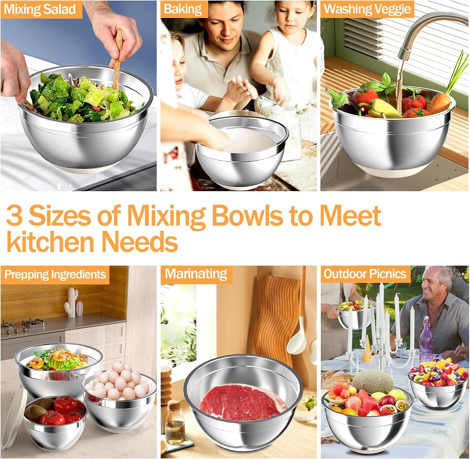 Nicdiet Mixing Bowls with Airtight Lids, Stainless Steel Mixing Bowl Set with 3 Metal Nesting Bowls, Colander & Grater, Non-Slip Bottoms, Size 1.5, 2.5, 5 QT, Great for Mixing & Serving, Khaki - Image 6