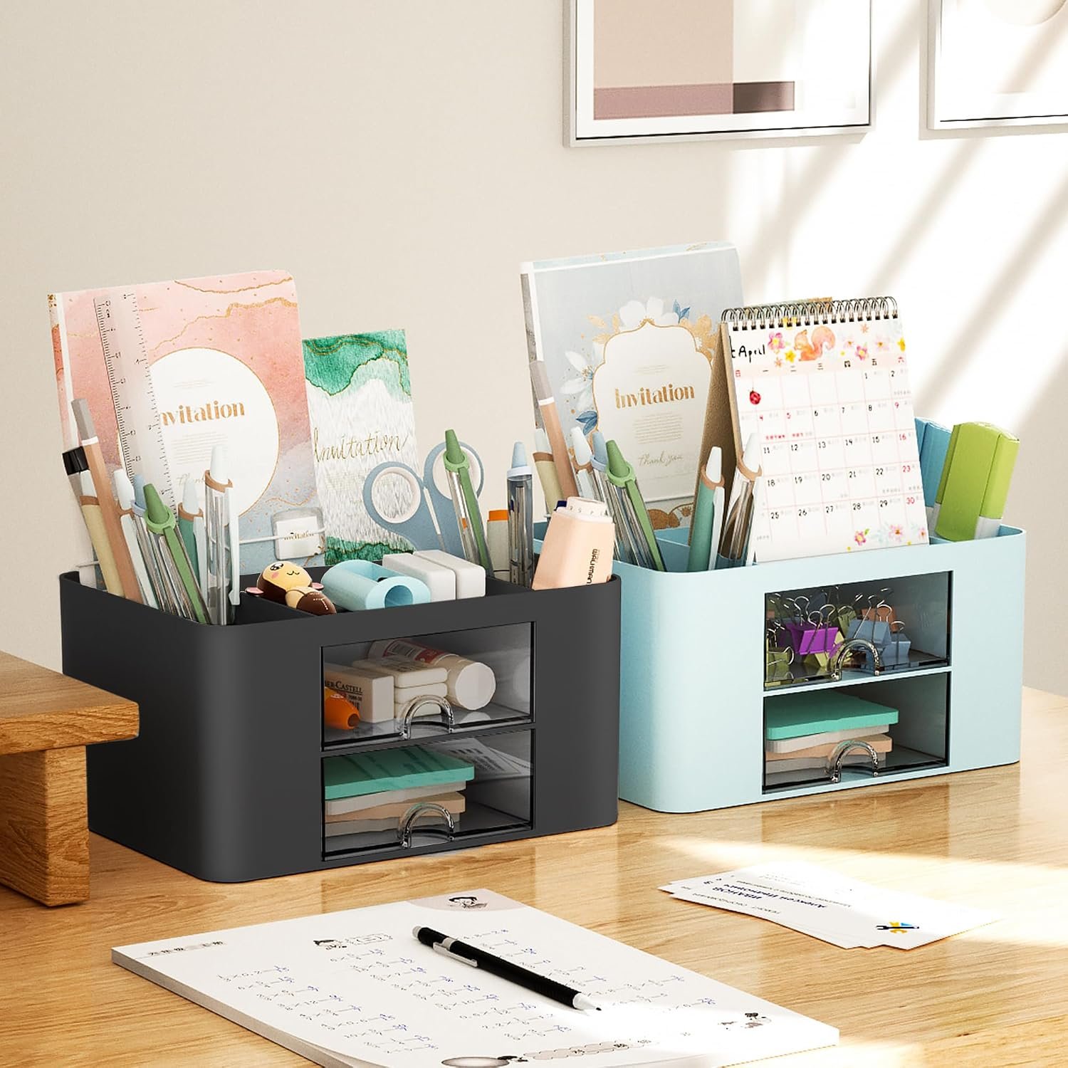 Marbrasse Pen Organizer with 2 Drawer, Multi-Functional Pencil Holder for Desk, Desk Organizers and Accessories with 5 Compartments + Drawer for Office Art Supplies (Black) - Image 5