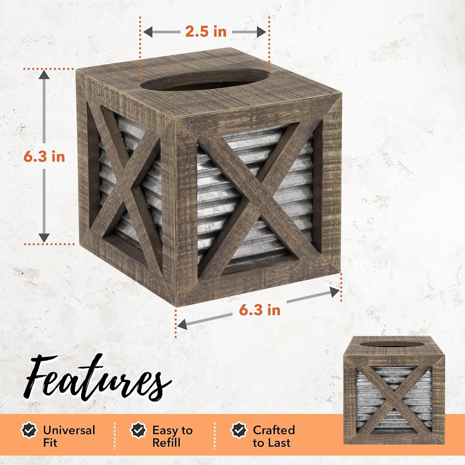 Autumn Alley Barn Door Rustic Square Farmhouse Tissue Box Cover, Farmhouse Bathroom Accessories, Rustic Bathroom Décor Tissue Holder, Wood Tissue Box Cover with Galvanized Decor - Image 3
