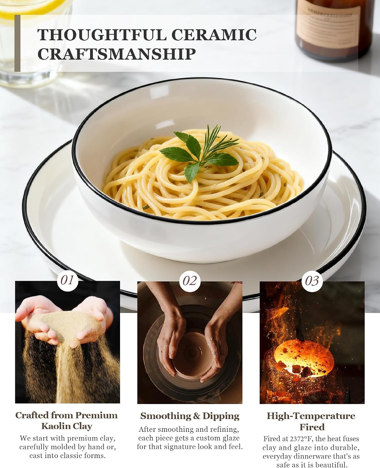 OTAGO 8" Stoneware Salad and Pasta Bowls Set of 6, Porcelain Ceramic Bowls with Black Rim, Microwave & Dishwasher Safe Tableware for Kitchen, Dinner & Dining - Image 6