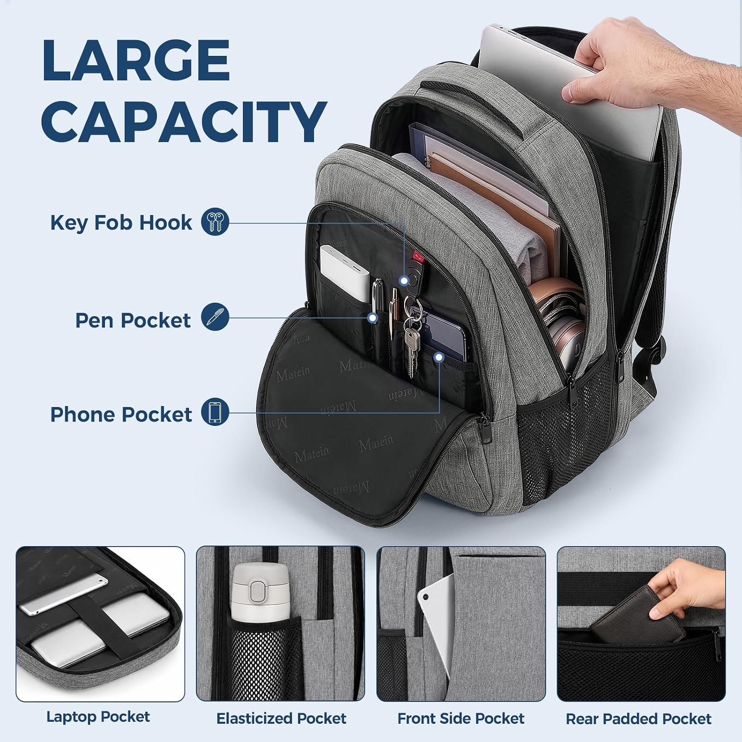 MATEIN Travel Laptop Backpack, 15.6 Inch College School Computer Bag, Grey - Image 5