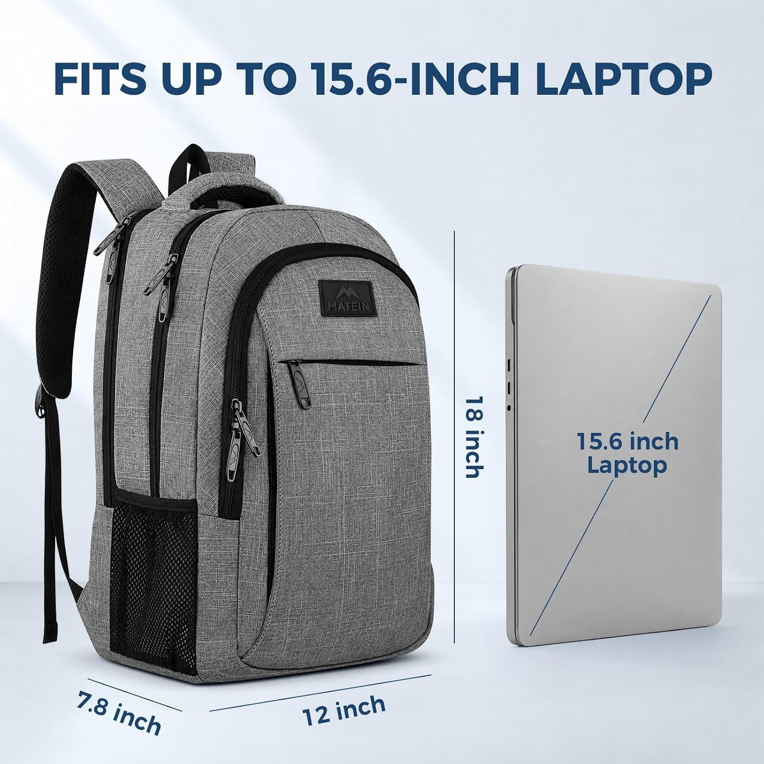 MATEIN Travel Laptop Backpack, 15.6 Inch College School Computer Bag, Grey - Image 3