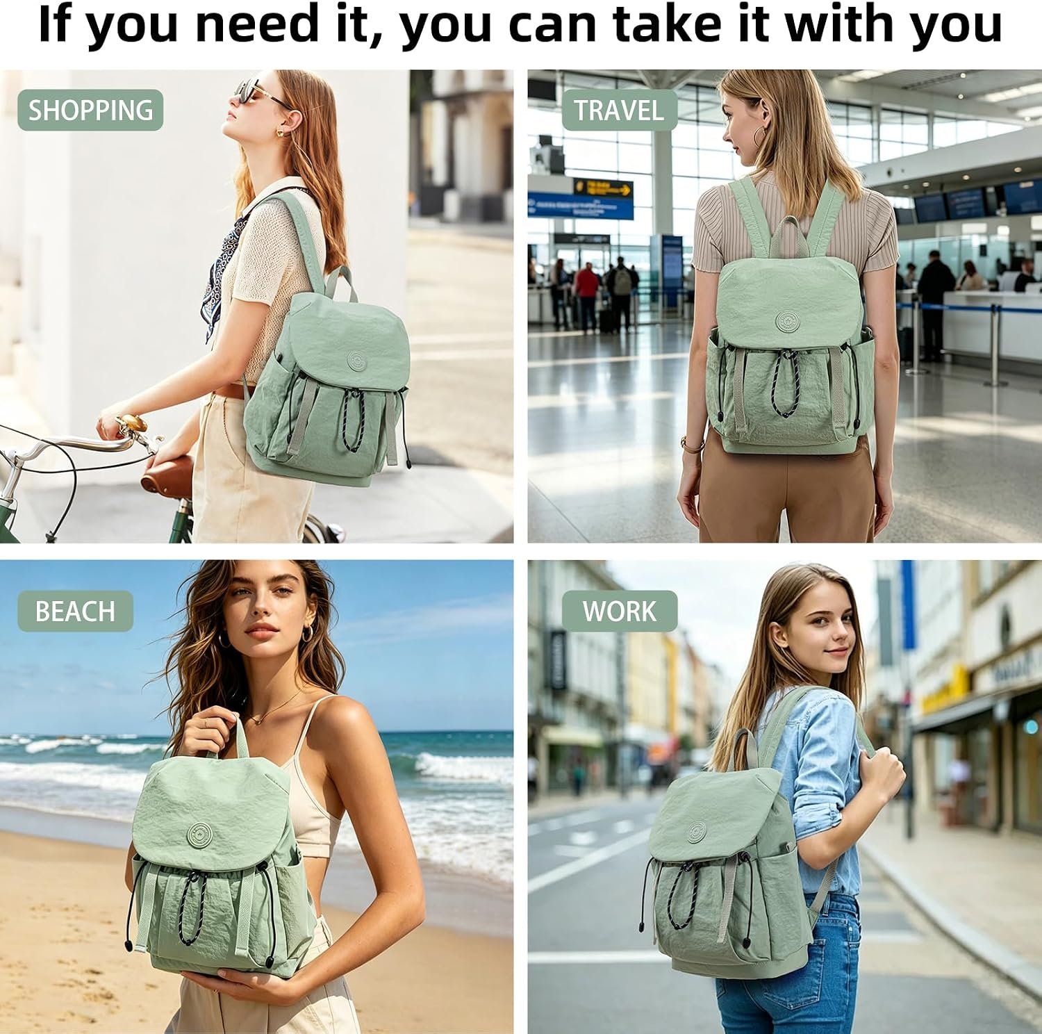 Women's Lightweight Backpack Purse, Water Resistant Nylon Casual Travel Backpack with Multiple Pockets, Fashion Daypack for Work, Shopping, Hiking, Travel & Daily Use (Sage Green, Small) - Image 4