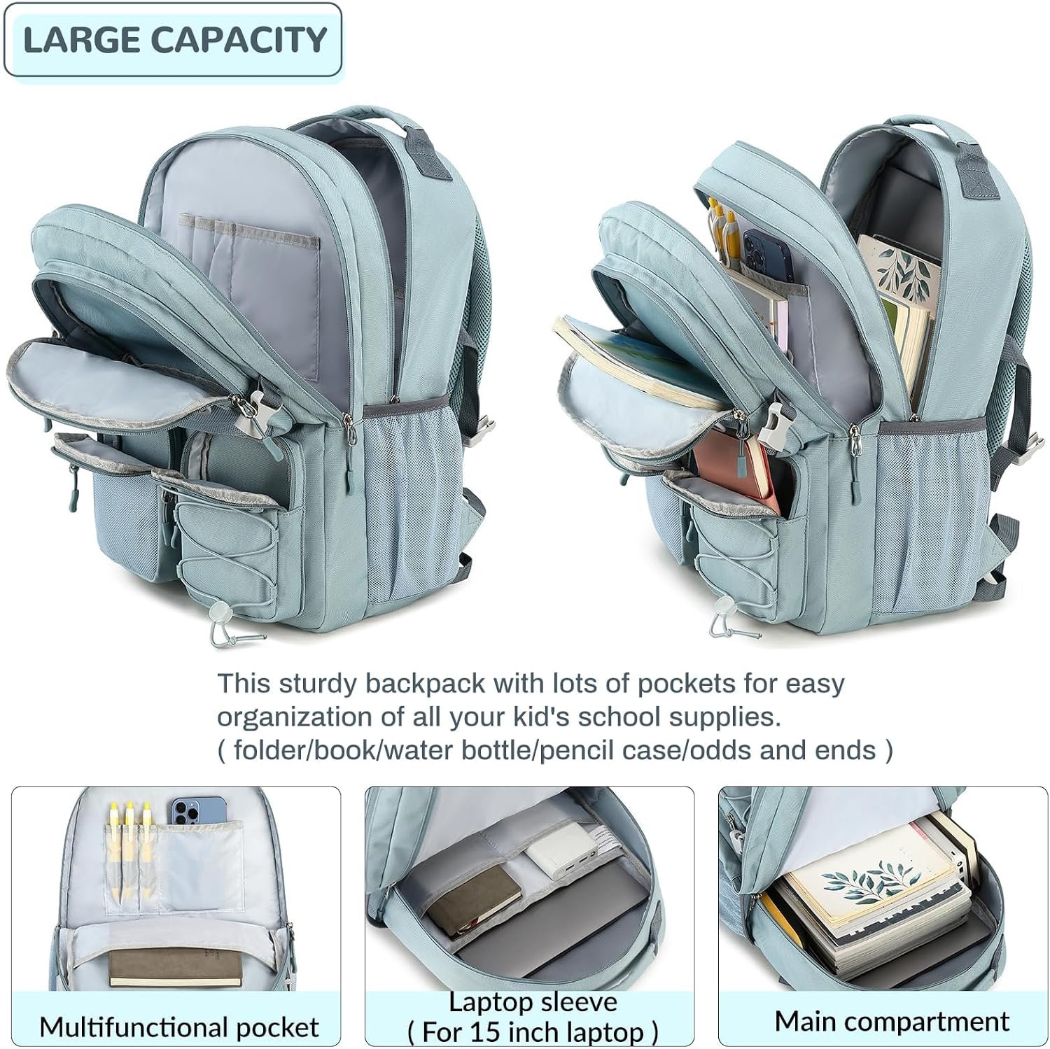 Lohol Water Resistant Backpack with Mulitiple Pockets for School Travel Outdoor College, 15.6 inch Laptop Daypack for Men and Women (Blue) - Image 3