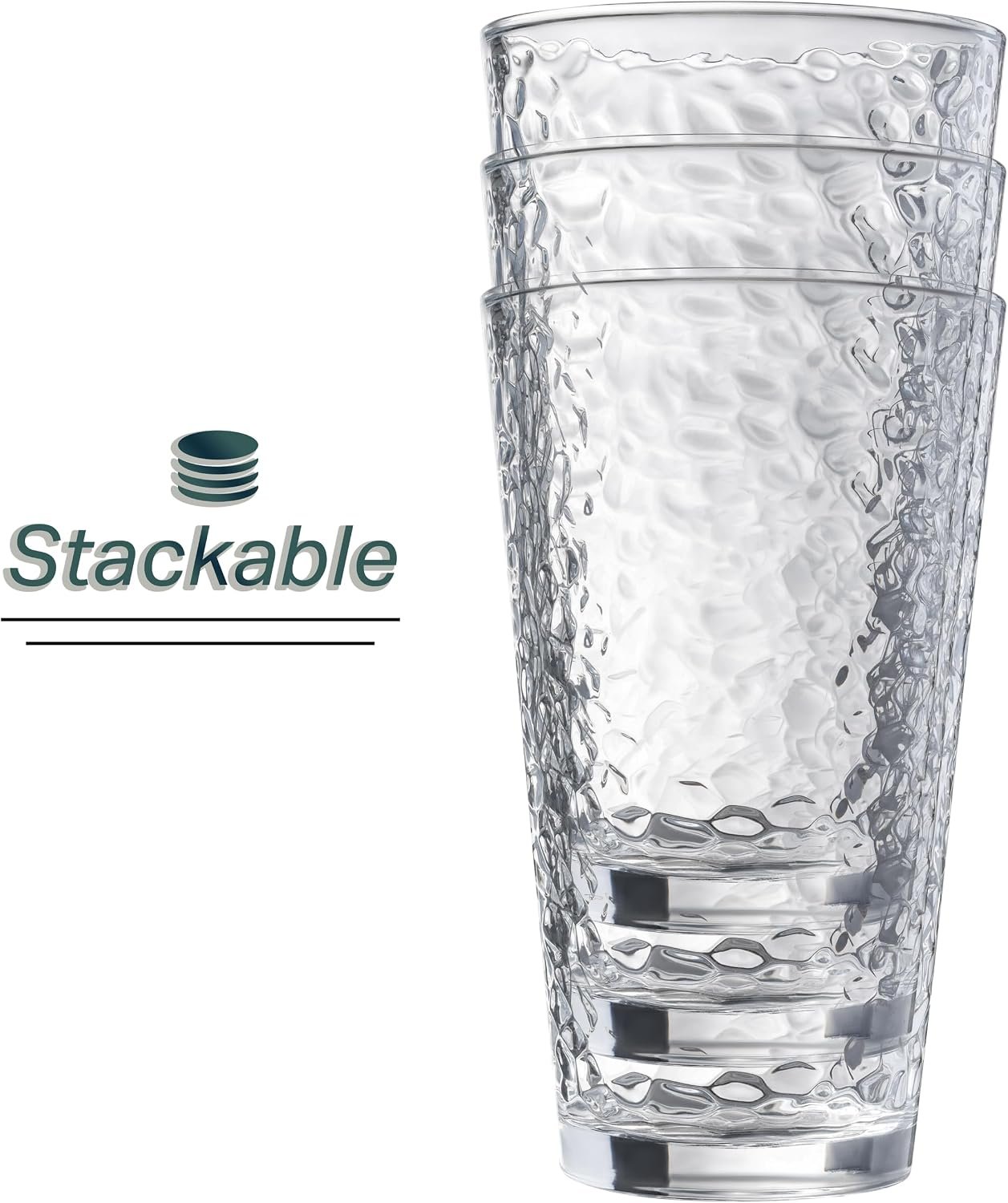 Le'raze Set of 10 Hammered Glass Cups, Clear Heavy Base Drinking Glasses - Image 4