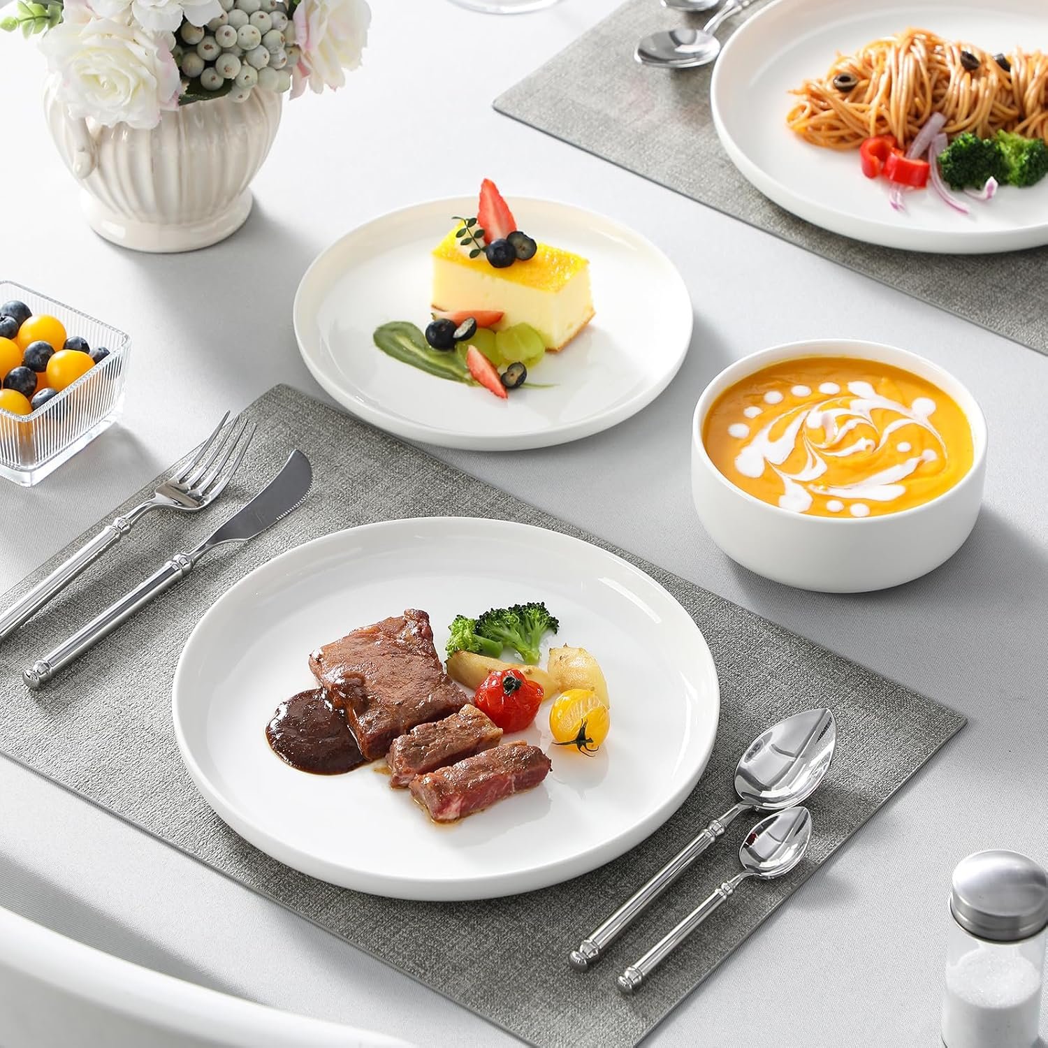 MALACASA 12 Pcs Porcelain Plates and Bowls Sets,Dinnerware Set for 4,White - Image 5