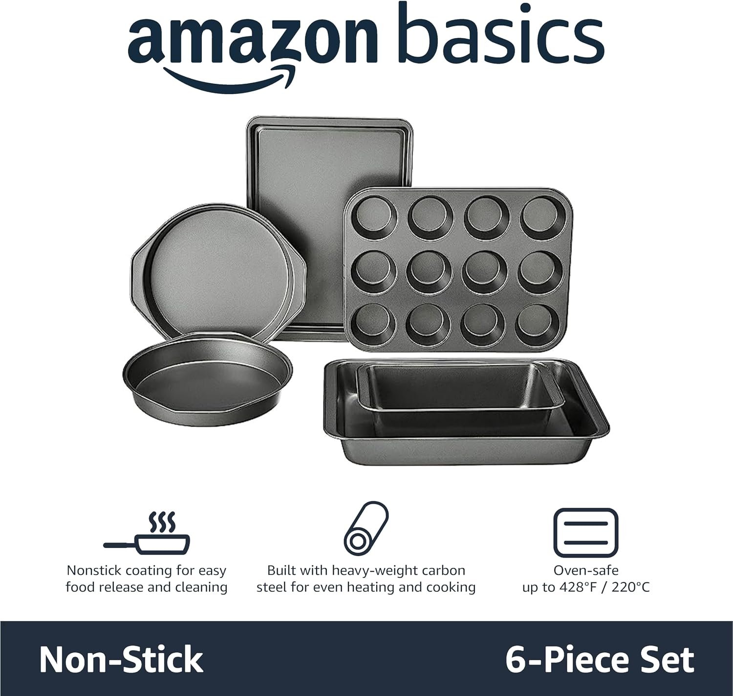 Amazon Basics 6 Piece Nonstick Carbon Steel Bakeware Set with Cake, Muffin, Cookie, and Loaf Pans, Easy Release, Oven Safe, 16.25 x 11.75 x 6.25 inches - Image 2