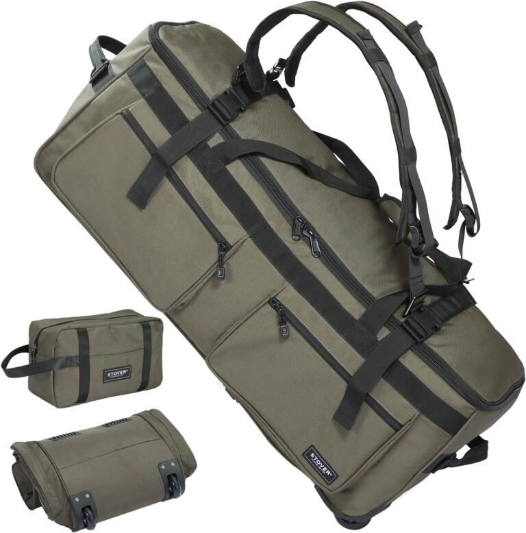 STOVER 45/80/100L U-Zip Rolling Duffel Bag with Wheels, Voyager Series X-Large Durable Travel Duffle + Toiletry Bag, Lay-Flat Opening, Packable w/Shoulder Straps- Use as Luggage or Backpack (Green)