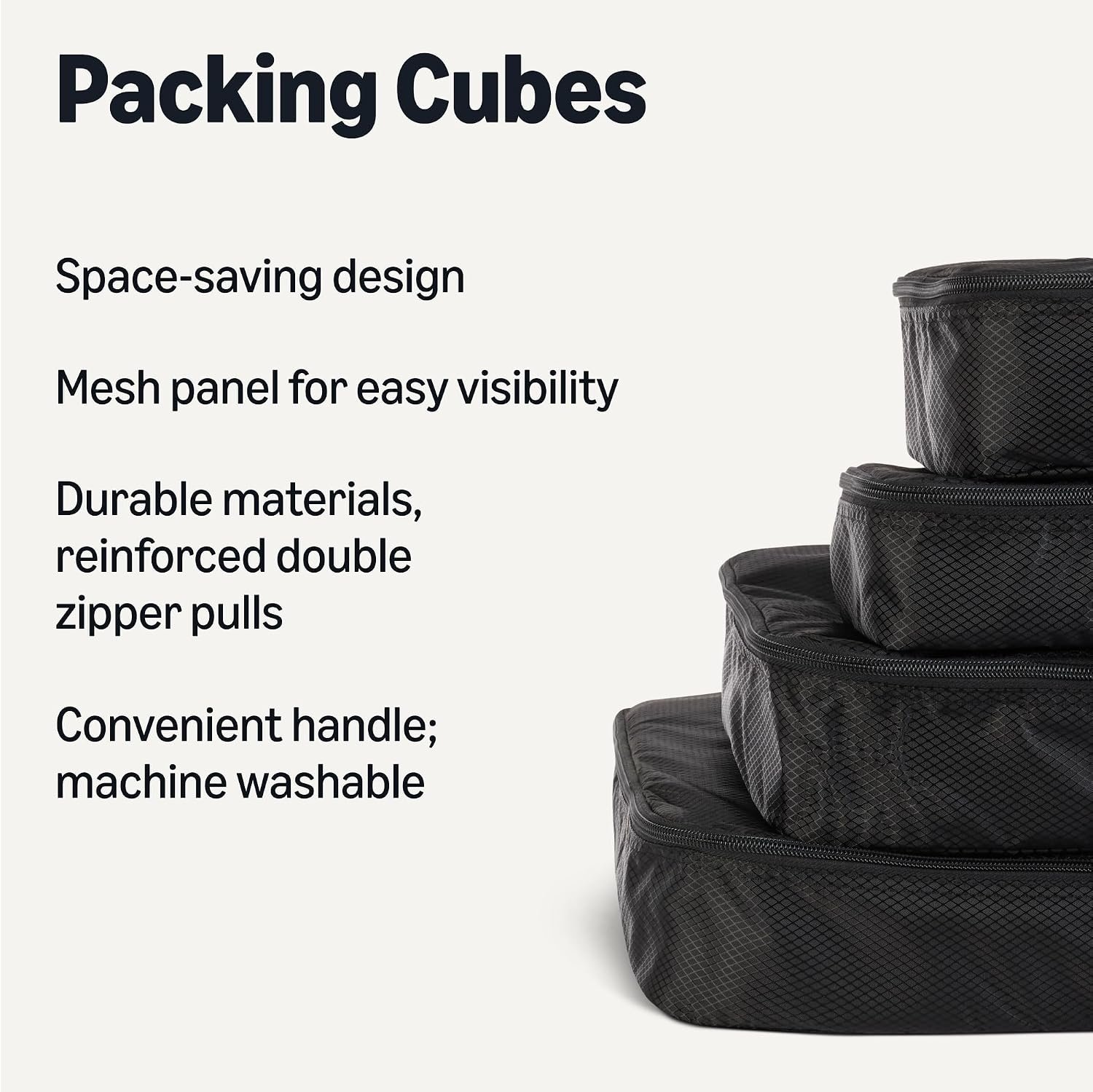Amazon Essentials 4-Piece Space-Saving Packing Cubes Travel Accessories Set, Luggage Organizer with Double Zipper, Mesh Top, Small/Medium/Large/Slim, Black (Previously Amazon Basics) - Image 2