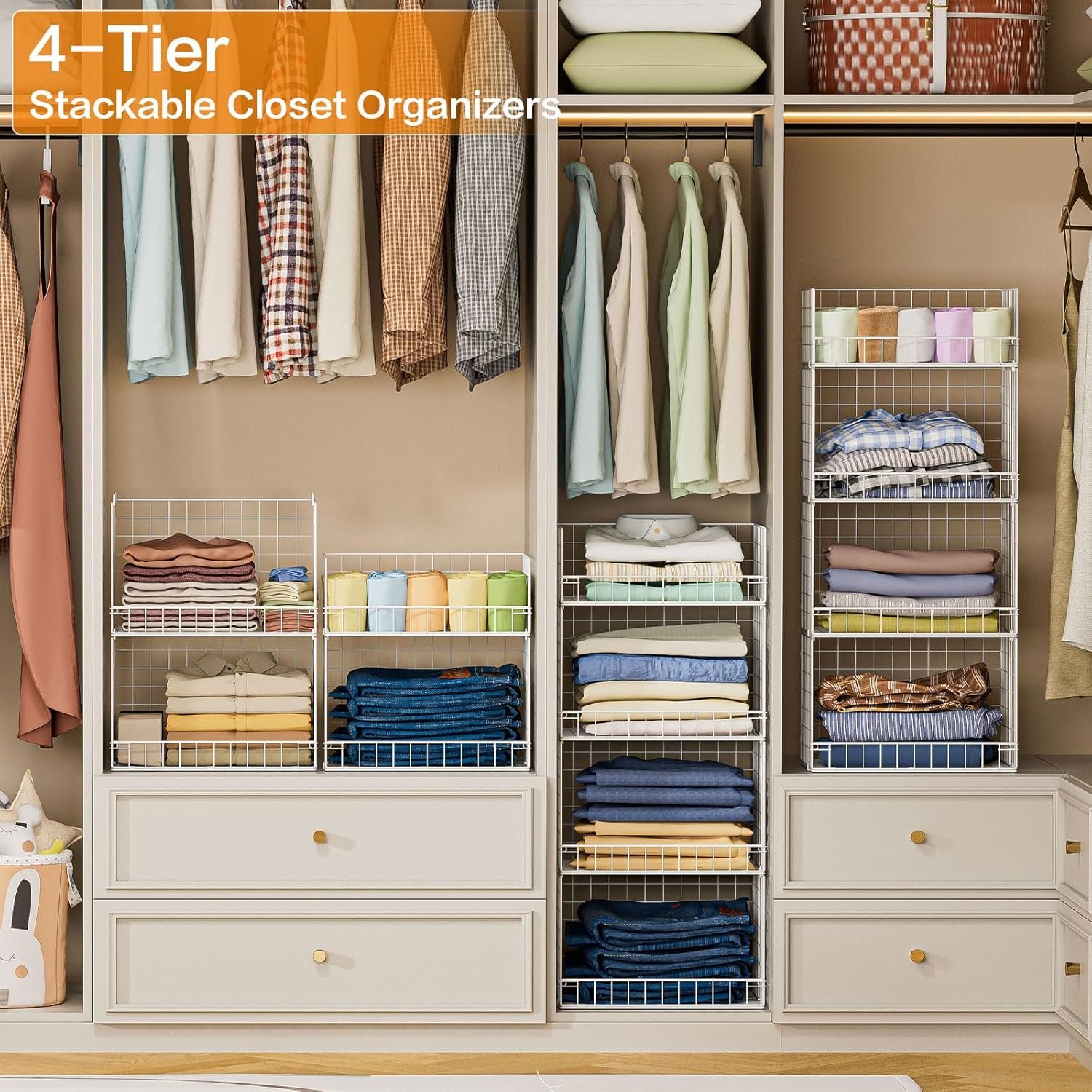 Yociyoga 4 Tier Stackable Closet Organizers and Storage Shelves, Foldable Closet Shelf Organizer System, Stackable Storage Bins Drawers for Clothes Organizer System, White(Patent No. 30022416) - Image 2