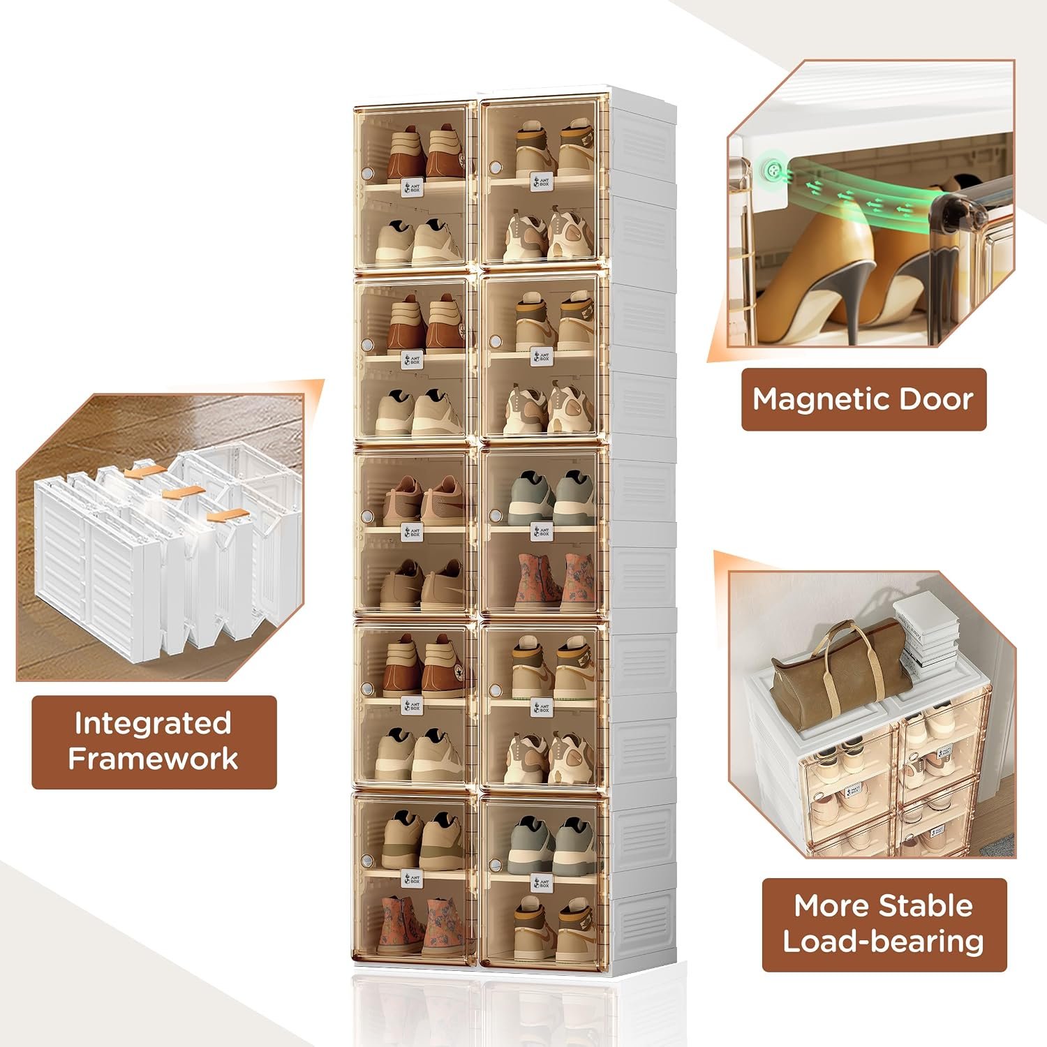 ANTBOX Shoe Organizer Storage Box, Portable Folding Shoe Rack For Closet With Magnetic Clear Door,Large Sneaker Cabinet Bins Sturdy Easy Assembly 10 Layers-20 Grids - Image 5
