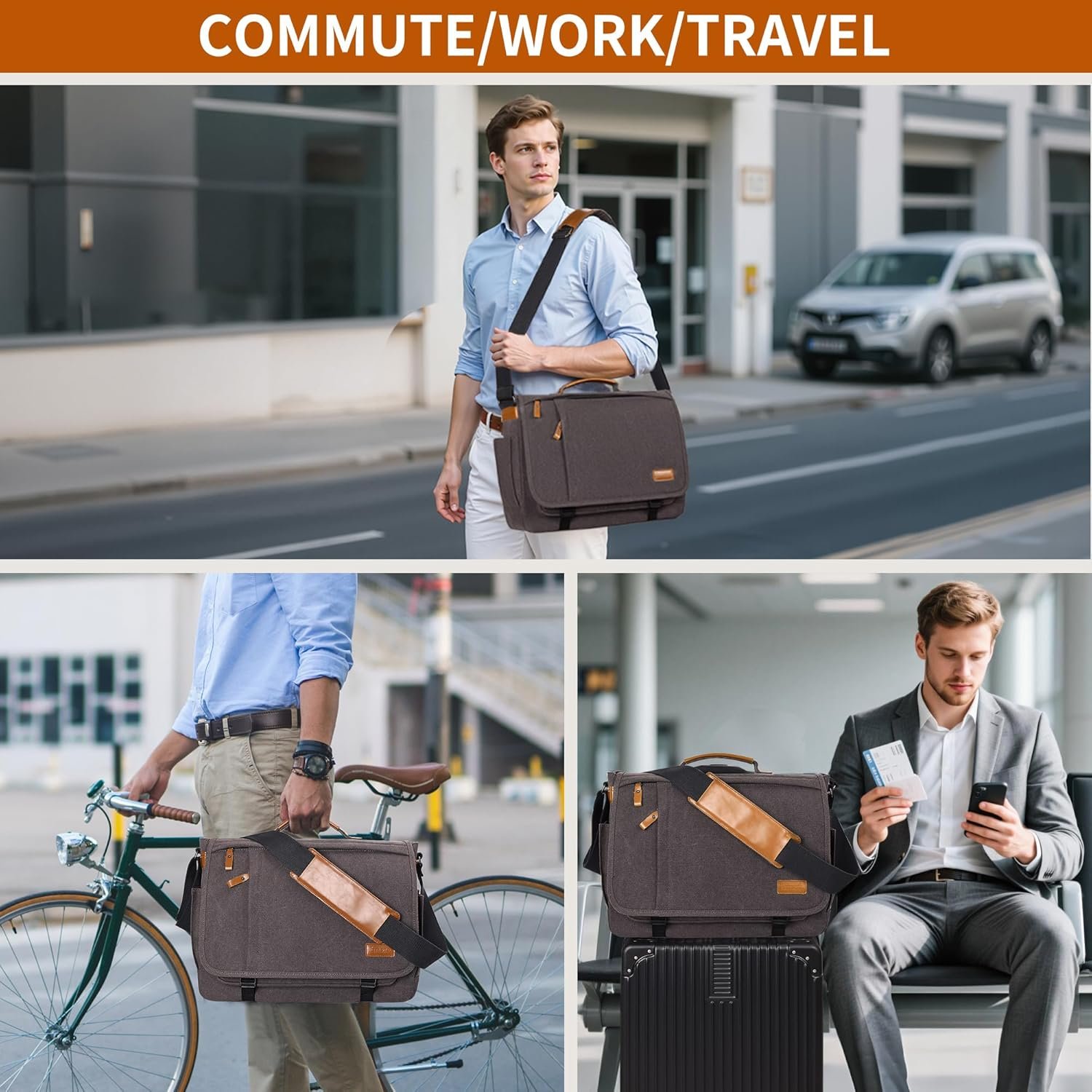 ESTARER Men Messenger Bag 17-17.3 Inch Laptop Bag Water-resistant Canvas Computer Shoulder Bag Briefcase for Work College Travel, Grey - Image 2