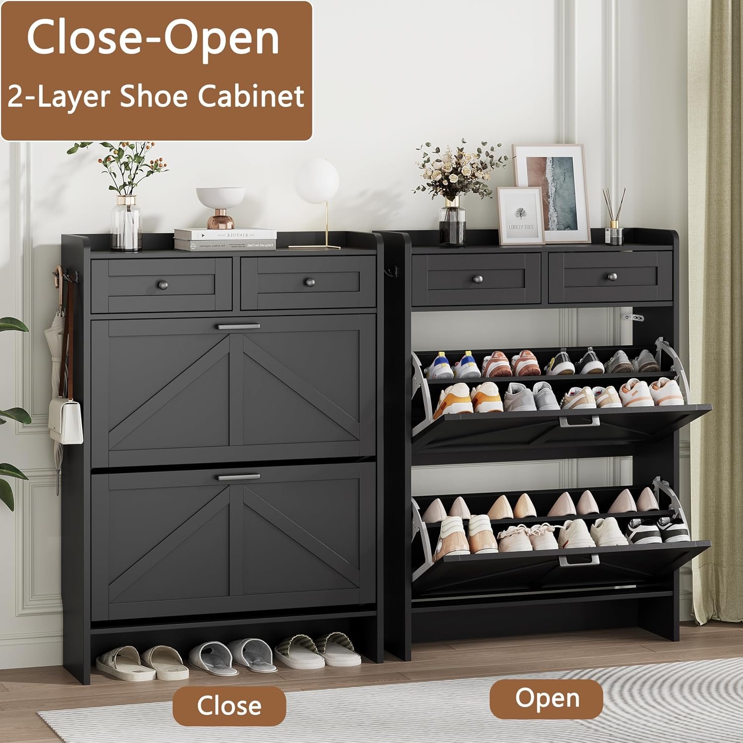 Shoe Cabinet with 2 Flip Drawers & 2 Top Drawers, 43" Tall Freestanding Narrow Wooden Shoe Storage Organizer for Entryway, Hidden Slim Shoe Rack for Front Door Entrance, Hallway, Living Room, Black - Image 4