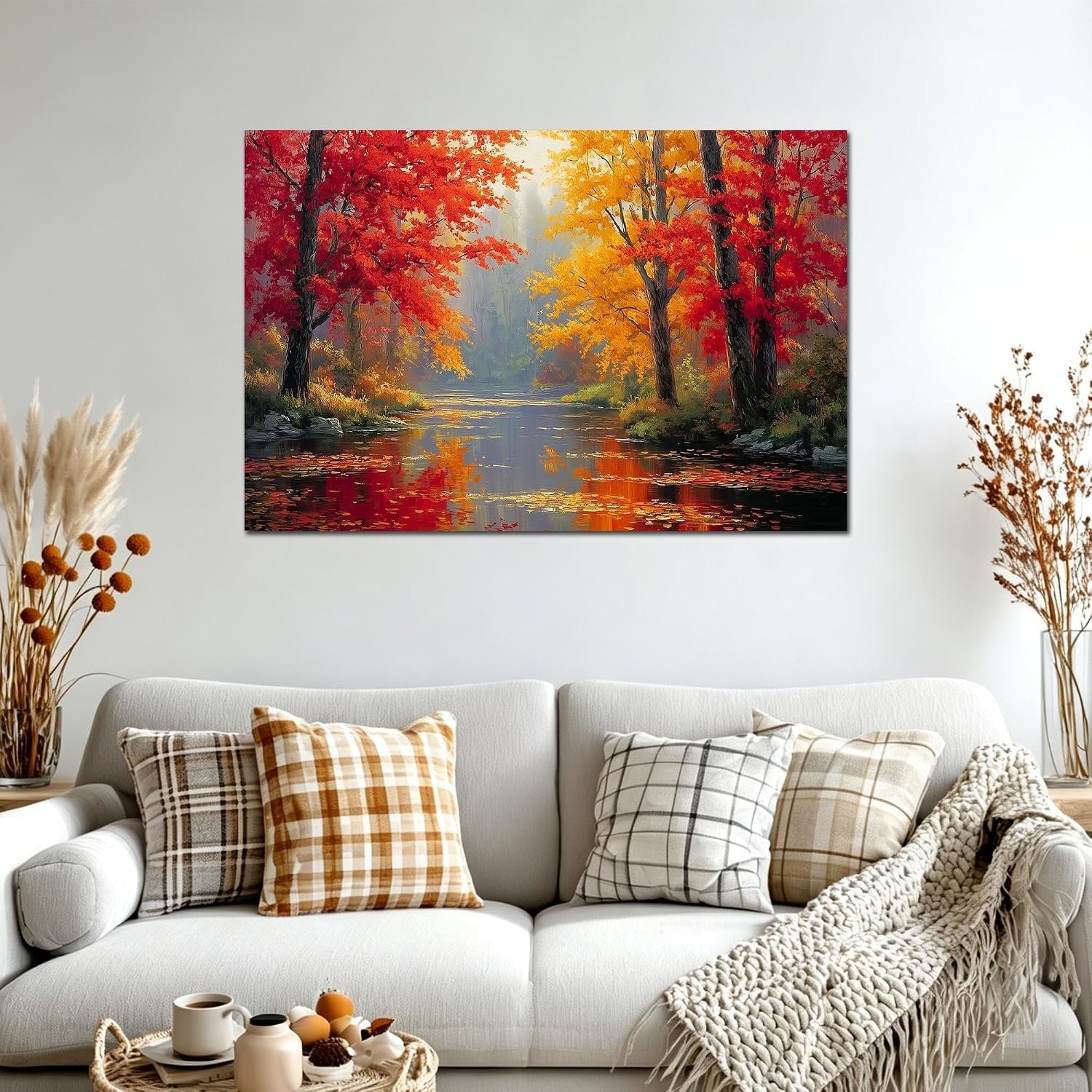 Hzddty Fall Canvas Wall Art, Autumn Forest River Painting Pictures Rustic Farmhouse Artwork for Home Decor Living Room Bedroom (32"x48") - Image 2
