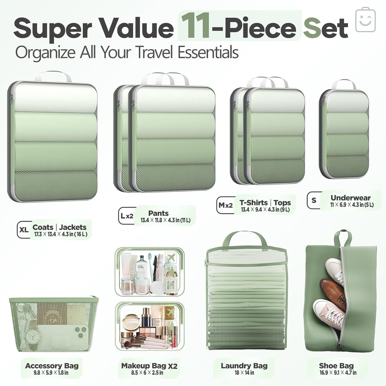 Veken 11 Set Compression Packing Cubes for Travel Essentials,Compressible Expandable Large Luggage Suitcase Organizer Bags for Clothing,Space Saver Bags with Over 1000 pcs of Mesh Holes(Matcha Green) - Image 2