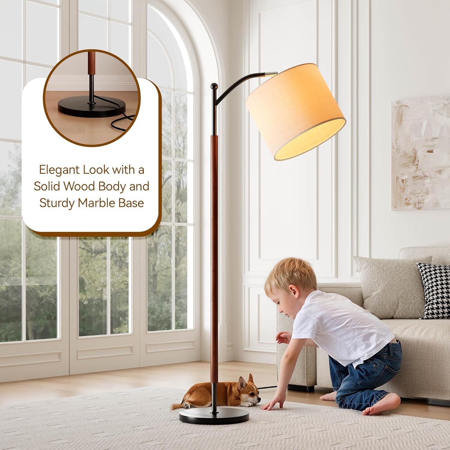 Arc Floor Lamp, Corner Mid Century Modern Floor Lamp, Standing Lamp with Adjustable Hanging Lampshade and Marble Base, Floor Lamps for Living Room, Bedroom, Office, Walnut Brown - Image 3