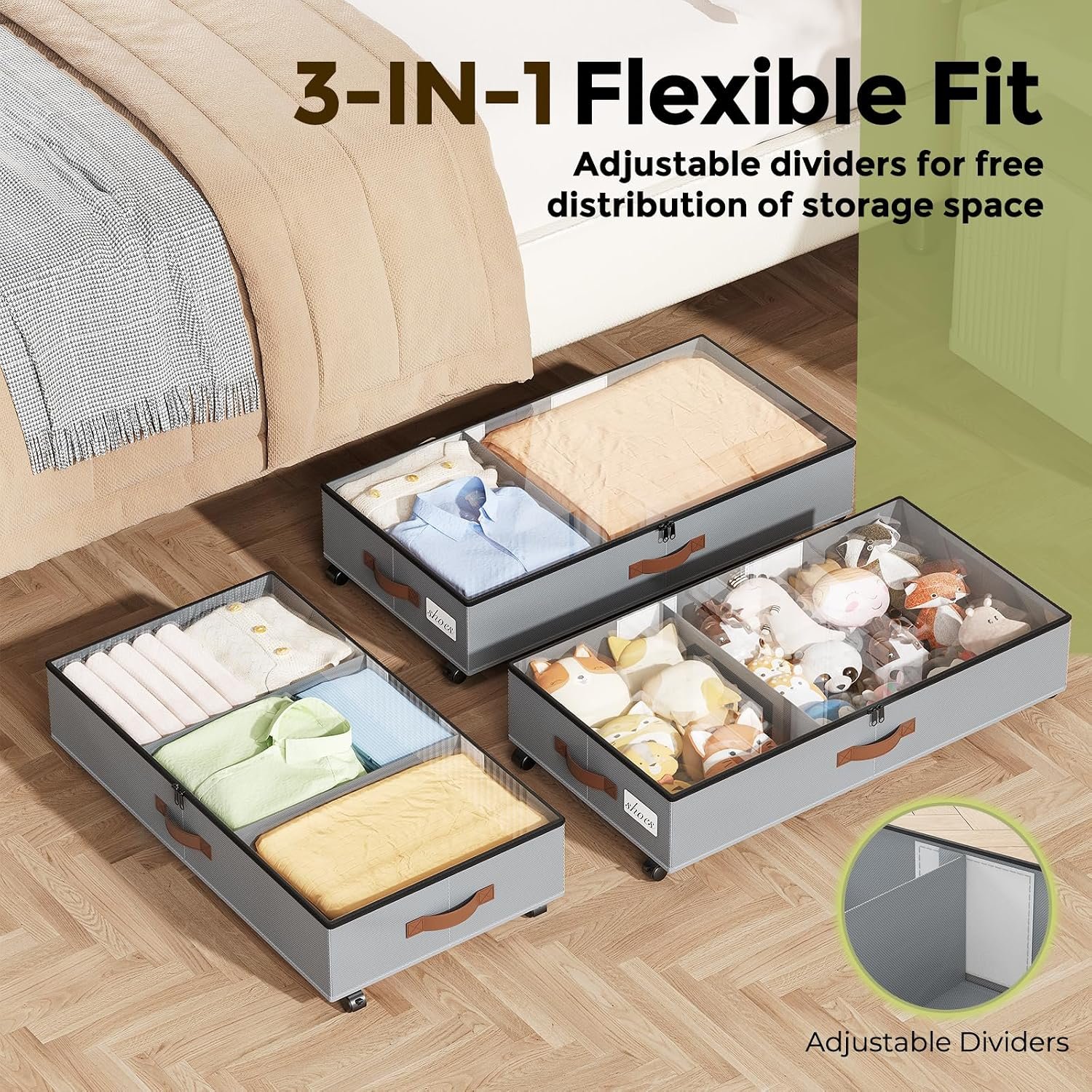 LAMU Under Bed Storage with Wheels, 2 Pack Under Bed Storage Containers with Clear Lids & Label, Rolling Under Bed Drawers for Clothes, Shoes, Blankets, Grey - Image 3