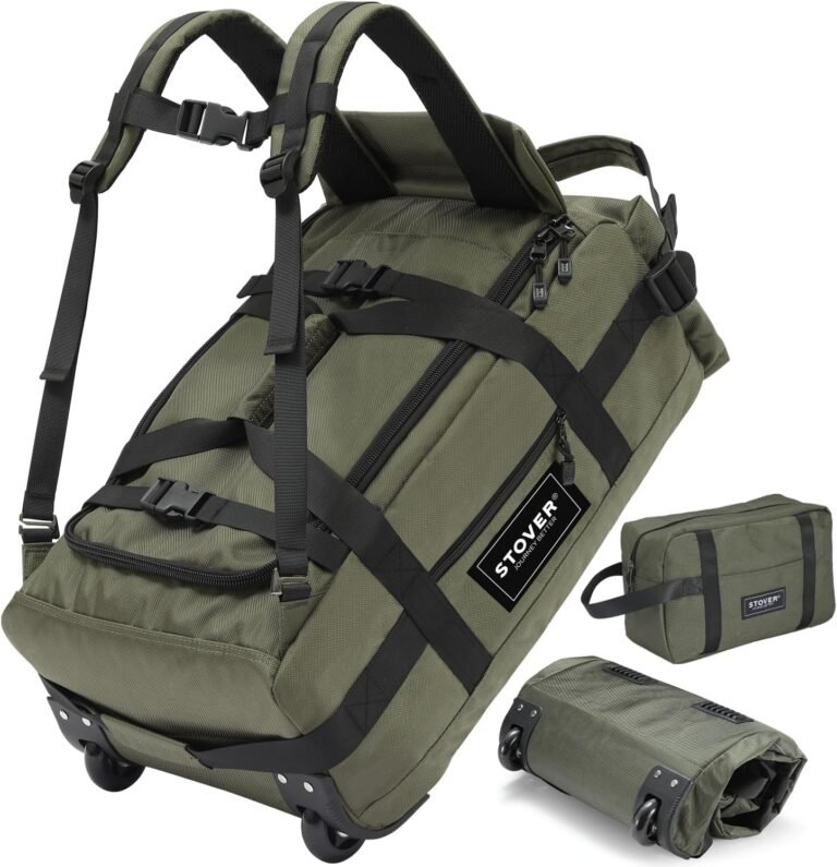 STOVER 45/100L Carry-On U-Zip Rolling Duffel Bag with Wheels, Medium Durable Travel Duffle w/Toiletry Bag, Heavy-Duty, Packable w/Shoulder Straps- Use as Luggage or Backpack, Men/Women (Green)