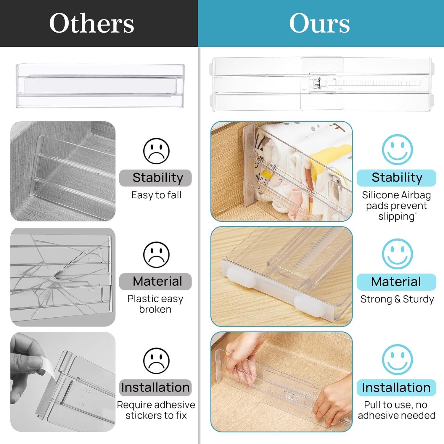 Vtopmart 12 Pack Drawer Dividers for Clothes, 4" High 10.2"-16.5" Adjustable Expandable Dresser Drawer Organizer, Clear Plastic Separators for Dresser, Baby Clothing, Underwear, Cosmetic, Toiletries - Image 9