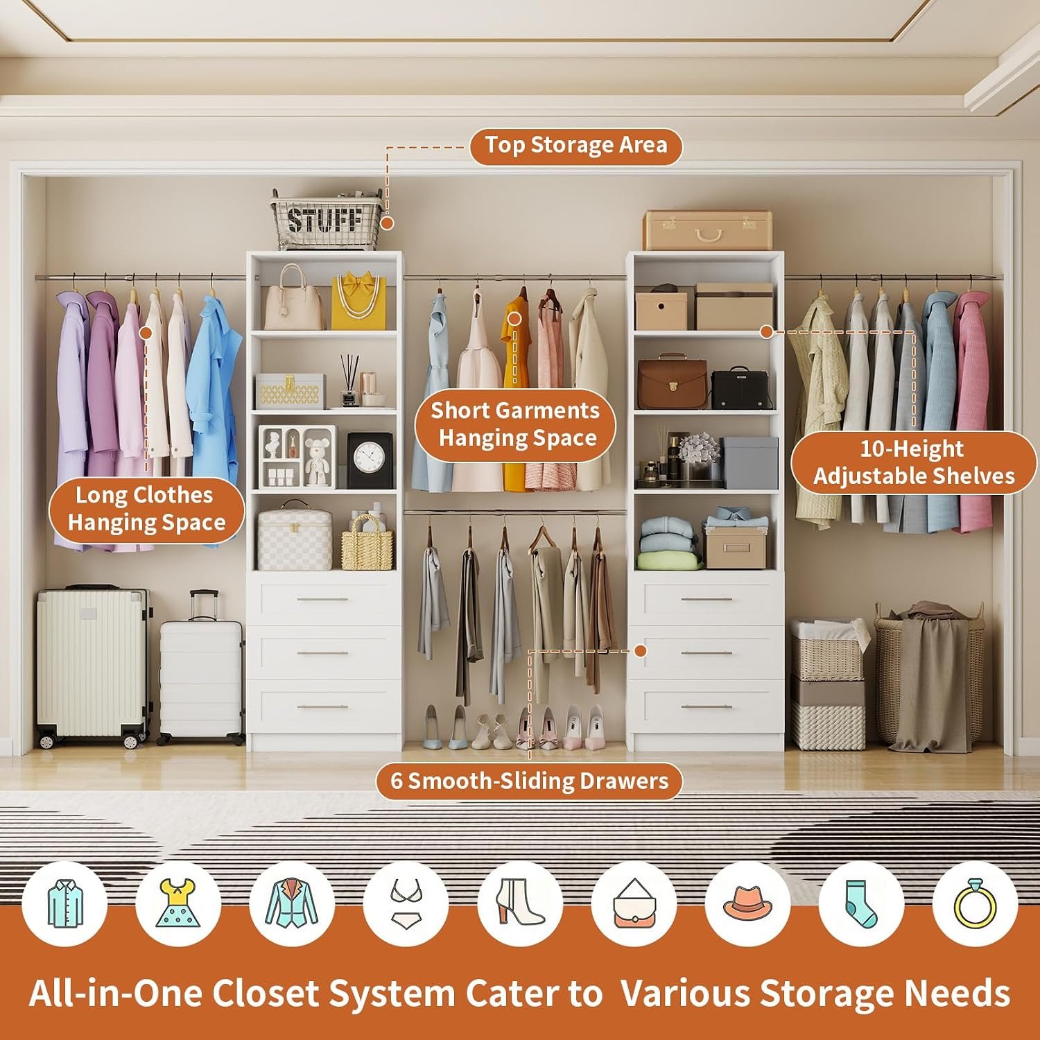 Closet System with 6 Drawers, 5-14FT Custom Closet Organizer System with 8 Expandable Hanging Rods&Adjustable Shelves, Modular Wood Closet Systems Tower for Walk in Closet Storage, 2 Sets, White - Image 7
