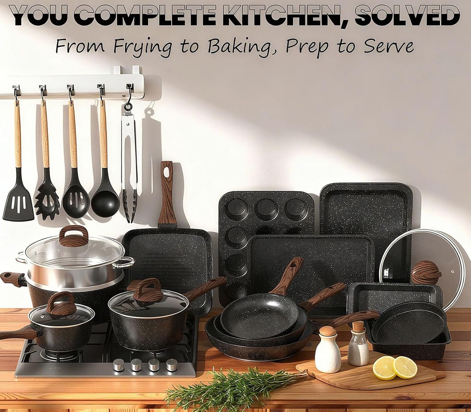 Pots and Pans Set Non Stick, 31 Piece Kitchen Induction Cookware & Bakeware Set, Nonstick Kitchen Cooking Pans Set with Frying Pans Set Grill Pan Saucepan Baking Sheet & Utensils, PFOA Free - Image 3